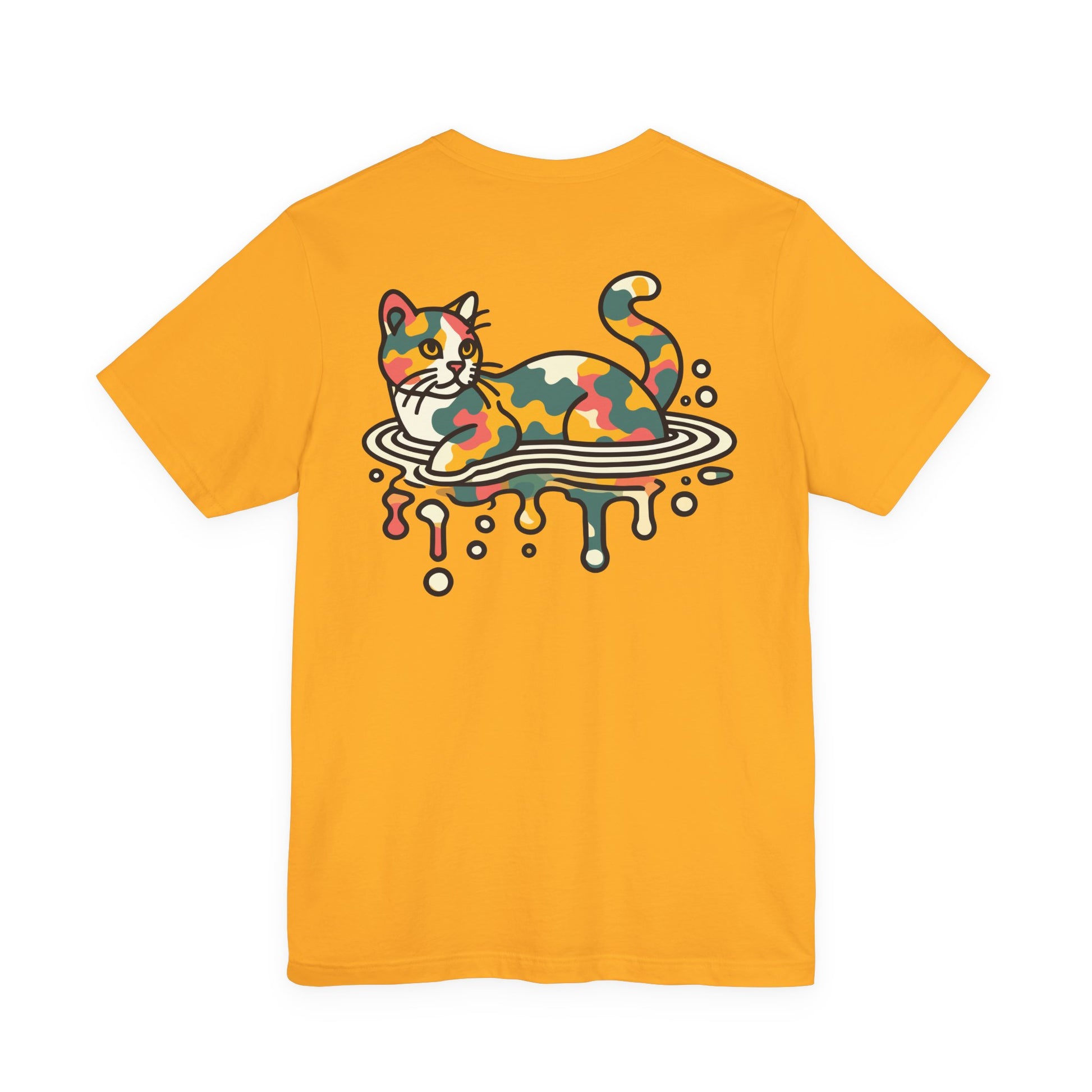 back view of gold ripple camo cat t shirt, cool cotton tee for cat lovers