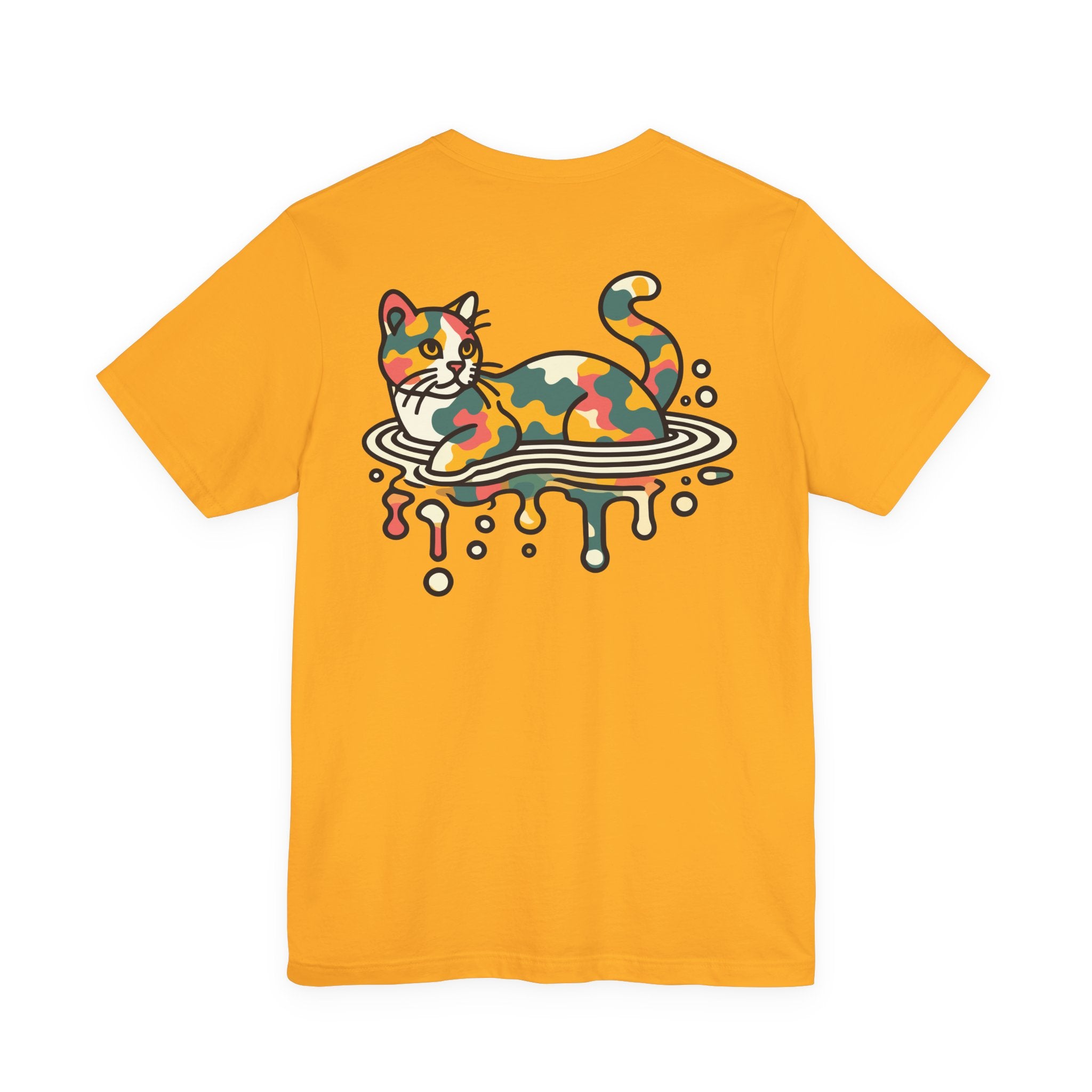 back view of gold ripple camo cat t shirt, cool cotton tee for cat lovers