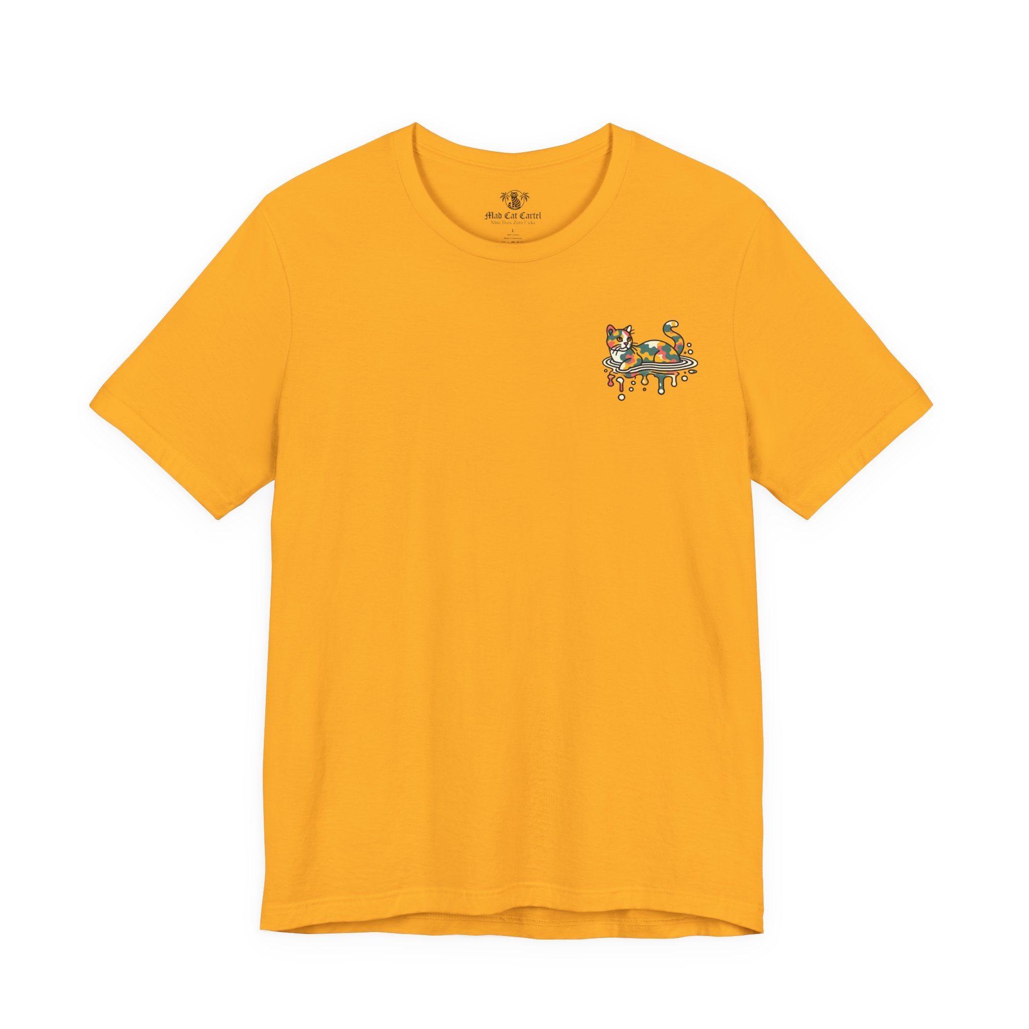 A Bathing Cat Ripple Camo T-Shirt in gold, front view