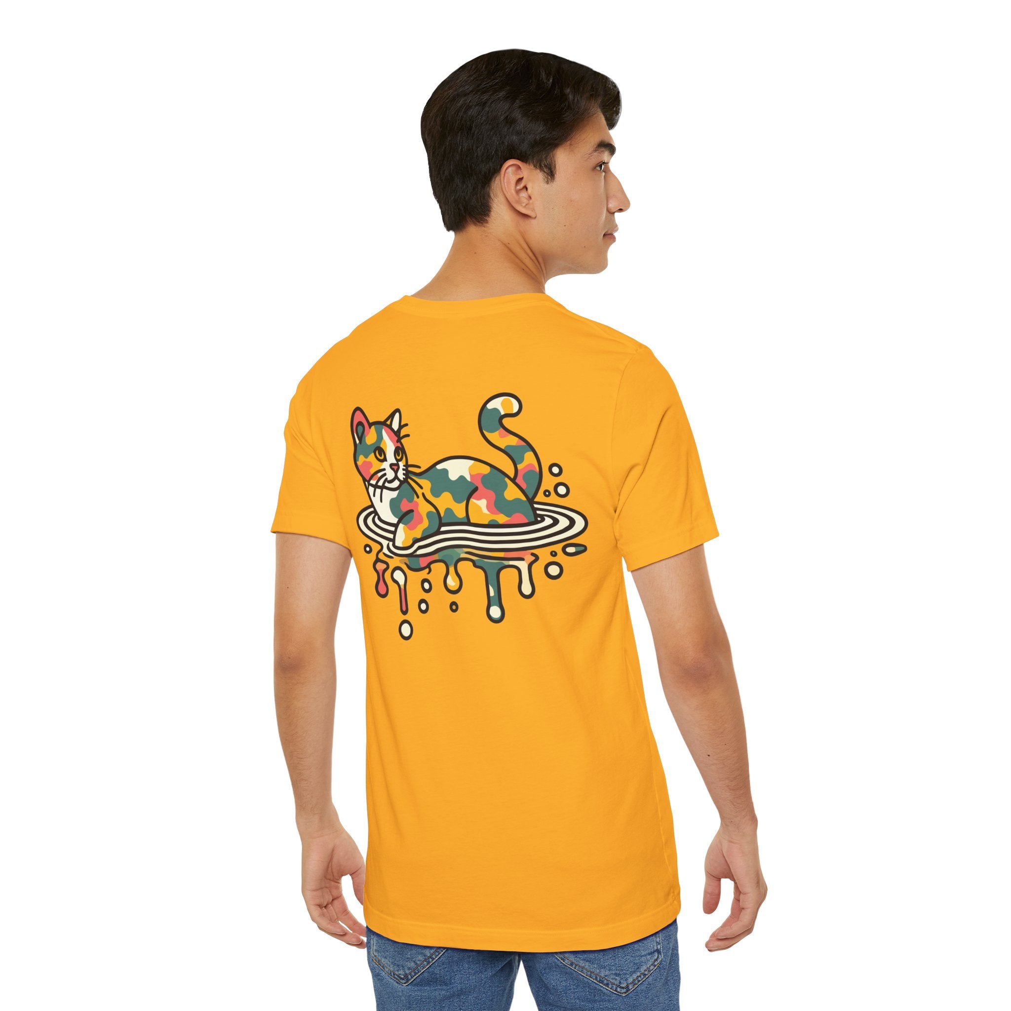 back view of gold ripple camo design on model, relaxed cotton cat themed shirt