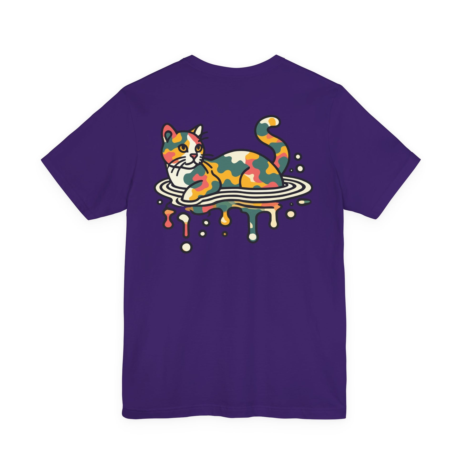 back view of purple ripple camo t shirt, cotton graphic tee for cat lovers