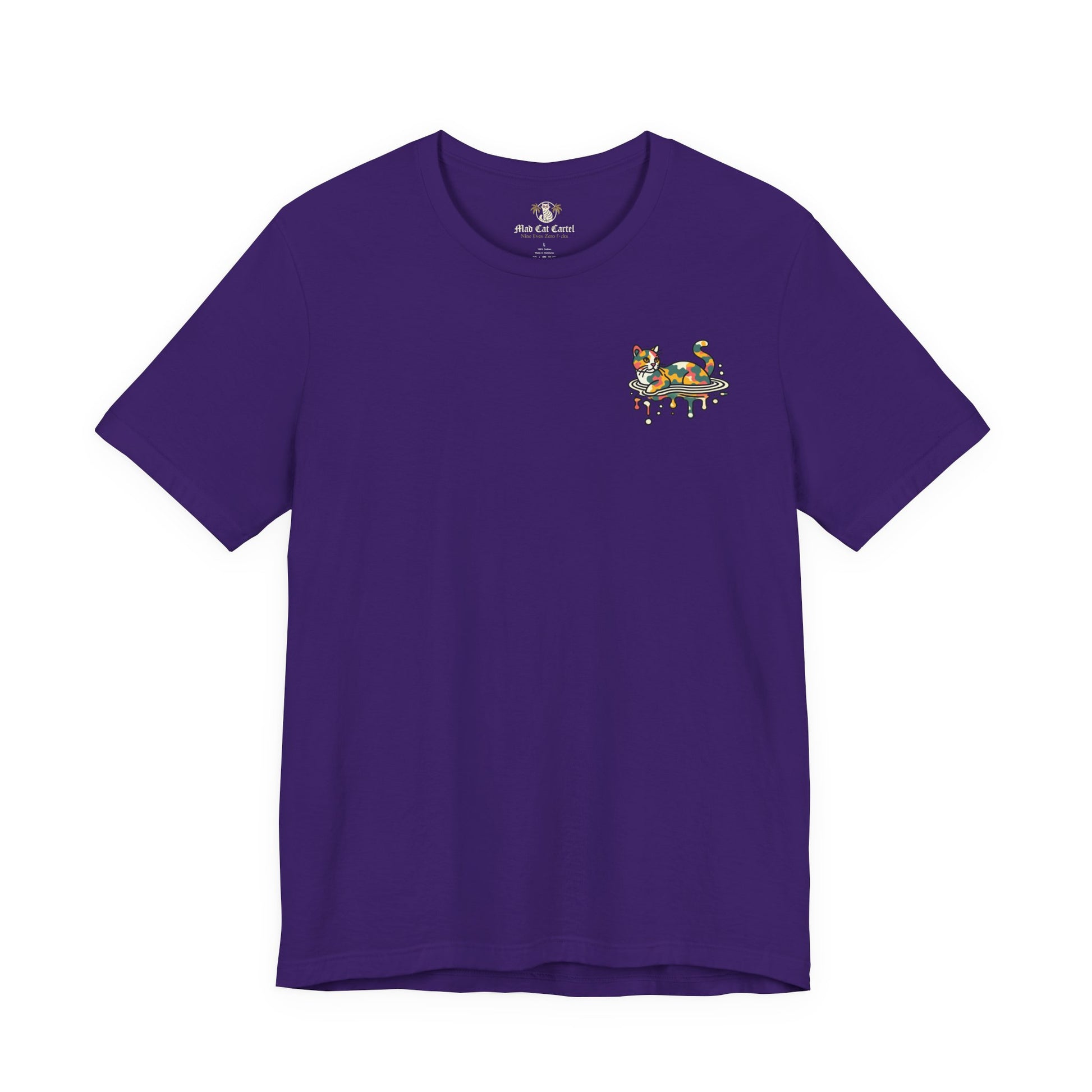 team purple A Bathing Cat Ripple Camo T Shirt, cat themed shirts for men and women, front view