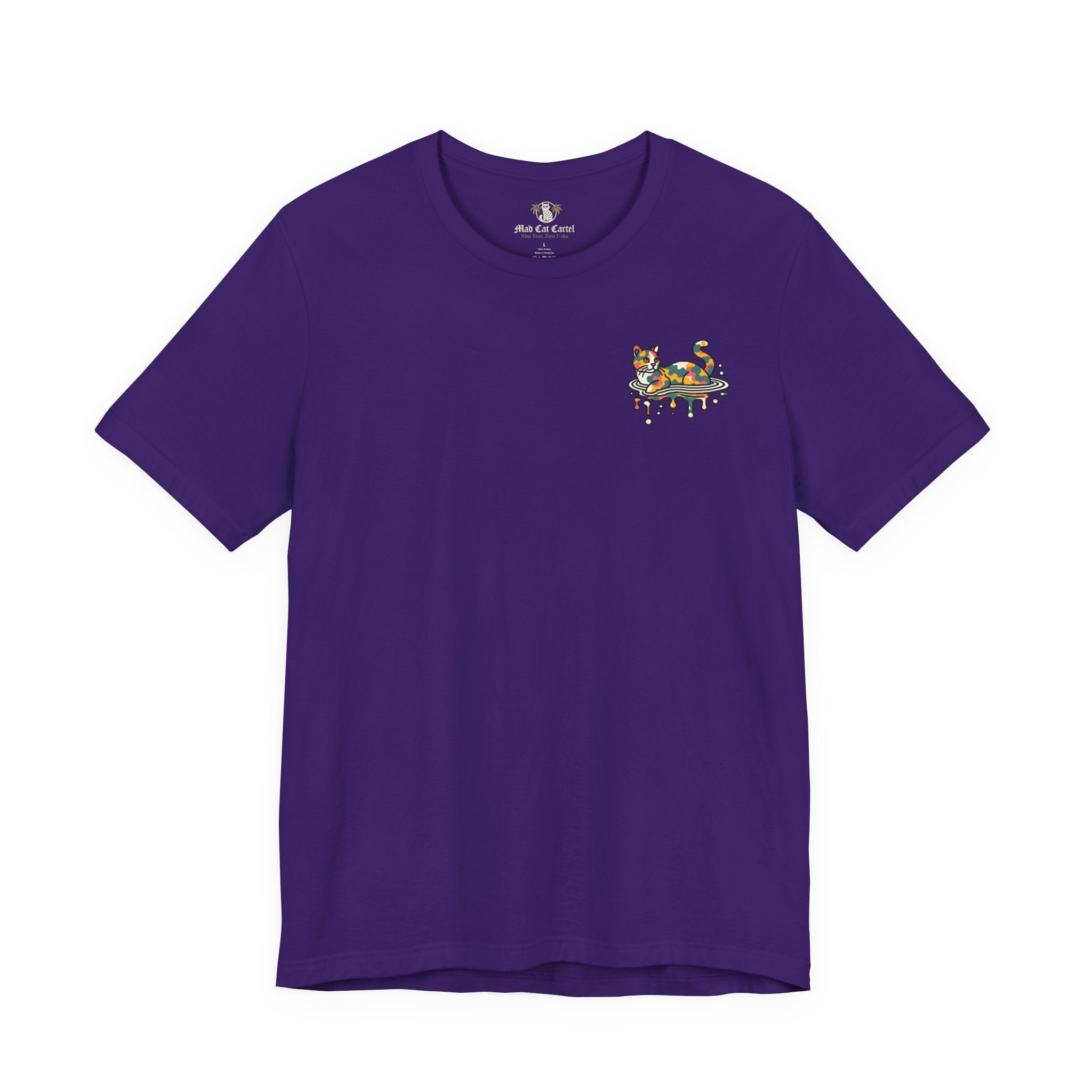 team purple A Bathing Cat Ripple Camo T Shirt, cat themed shirts for men and women, front view