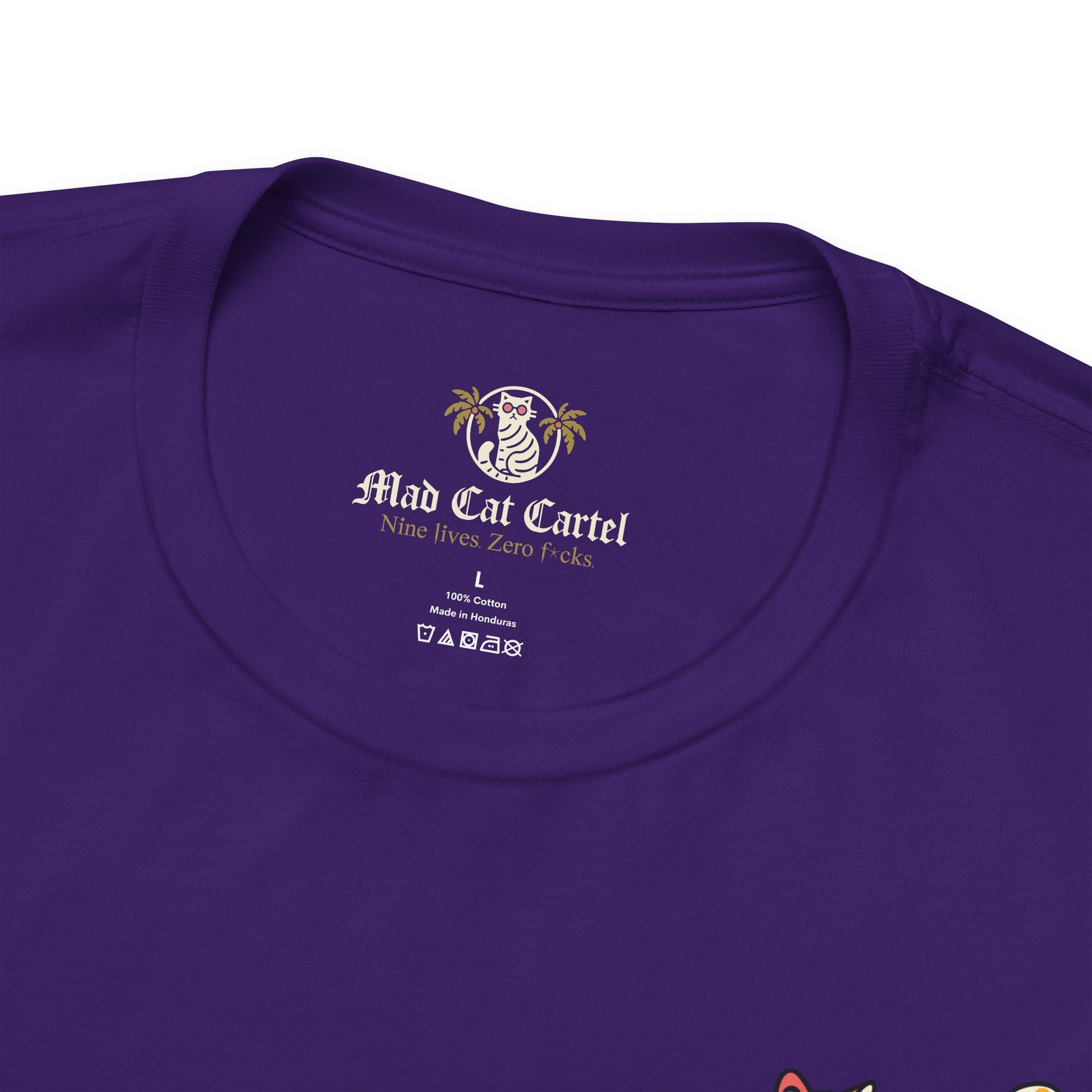 close-up of neckline with Mad Cat Cartel logo, team purple ripple camo t shirt