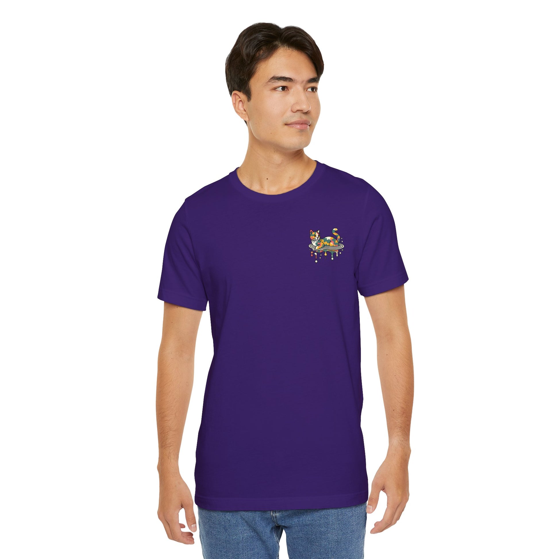 male model wearing purple A Bathing Cat tee, casual streetwear cat shirt