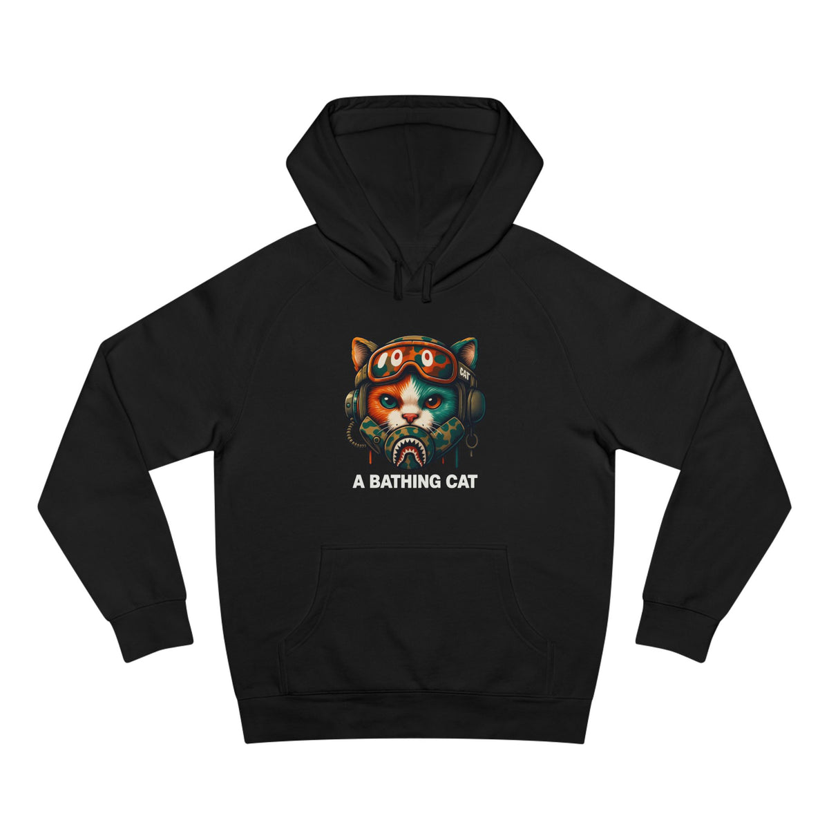 A Bathing Cat Tactical Pilot Graphic Hoodie in black, front view