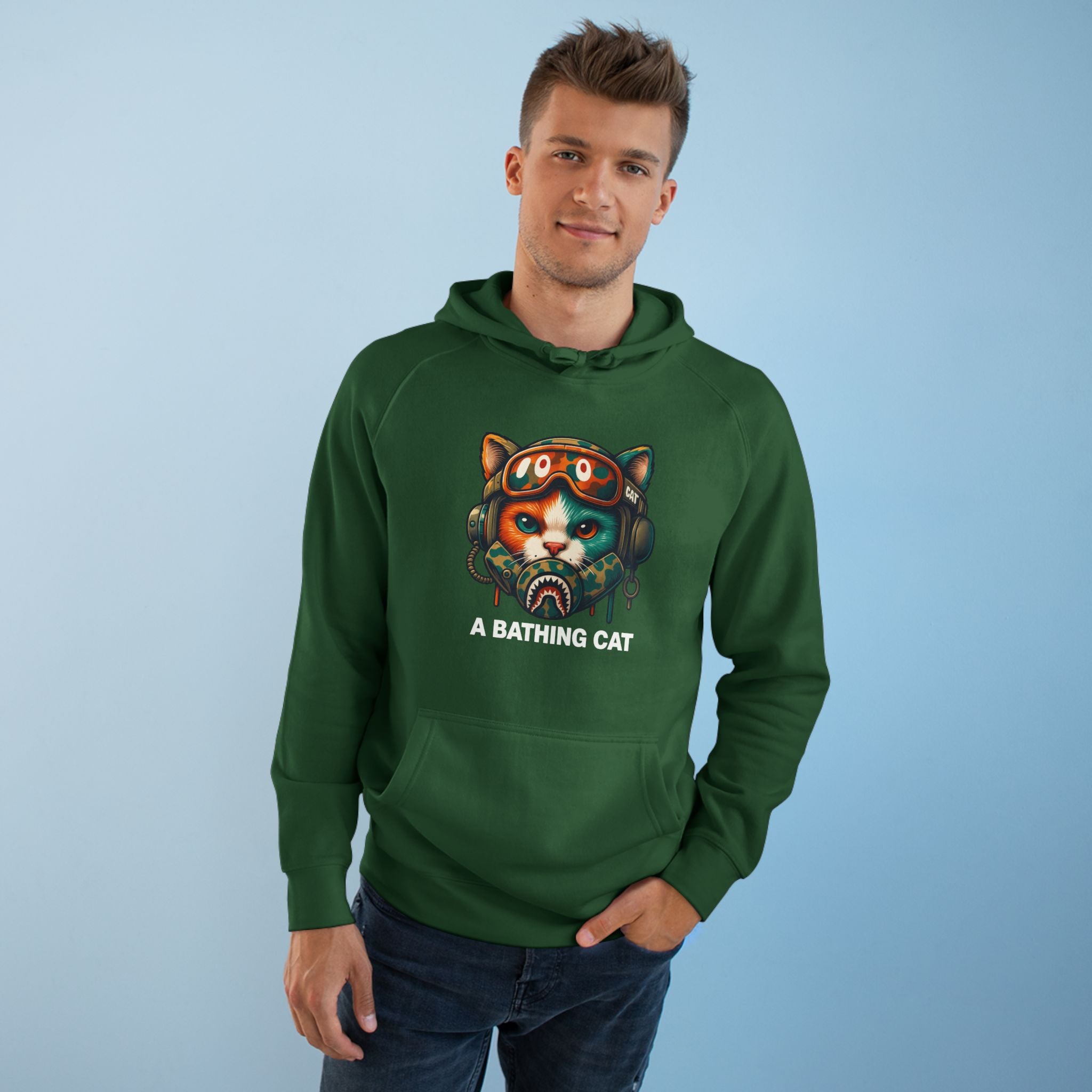 A Bathing Cat Tactical Pilot Graphic Hoodie in forest green, worn by a male model