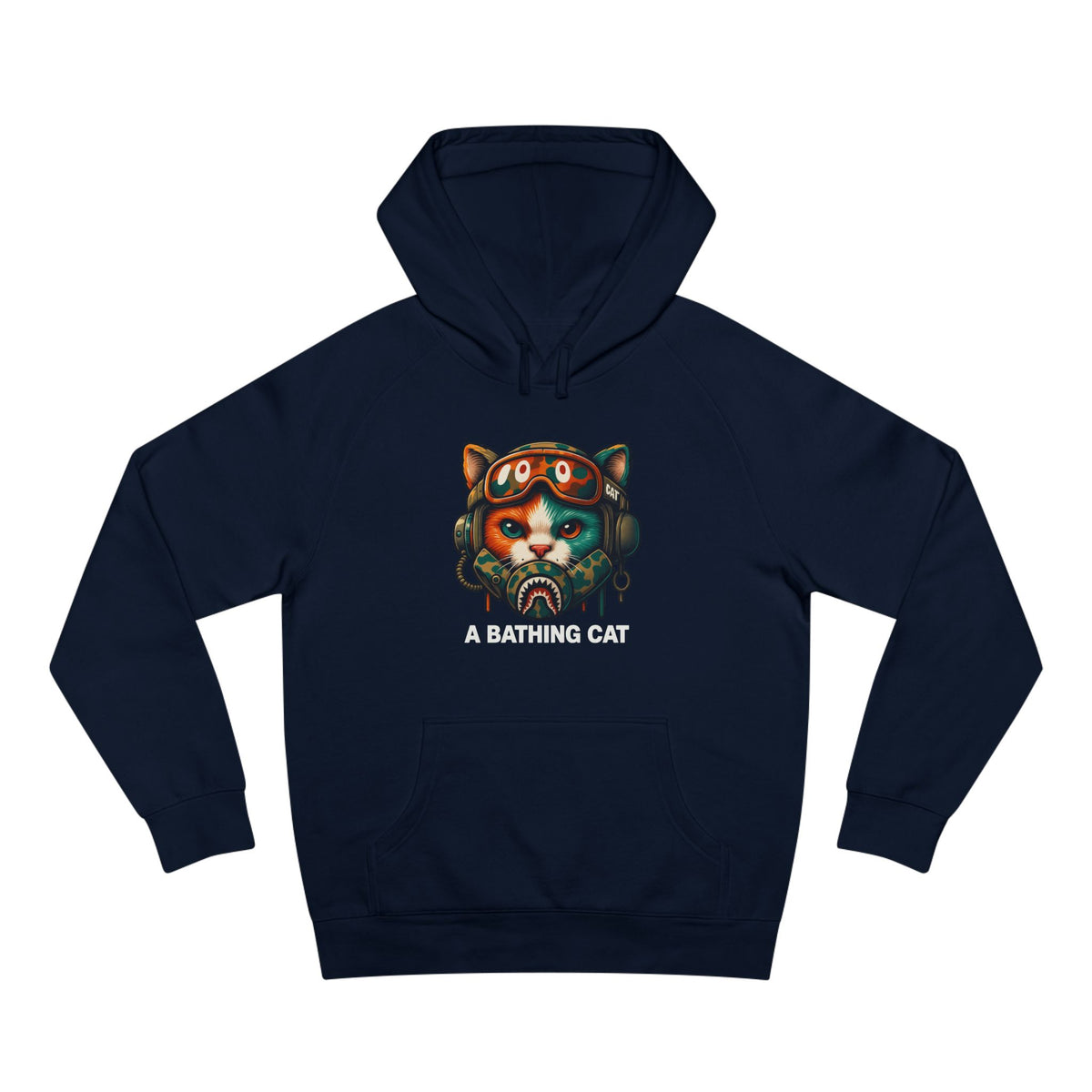 A Bathing Cat Tactical Pilot Graphic Hoodie in navy, front view
