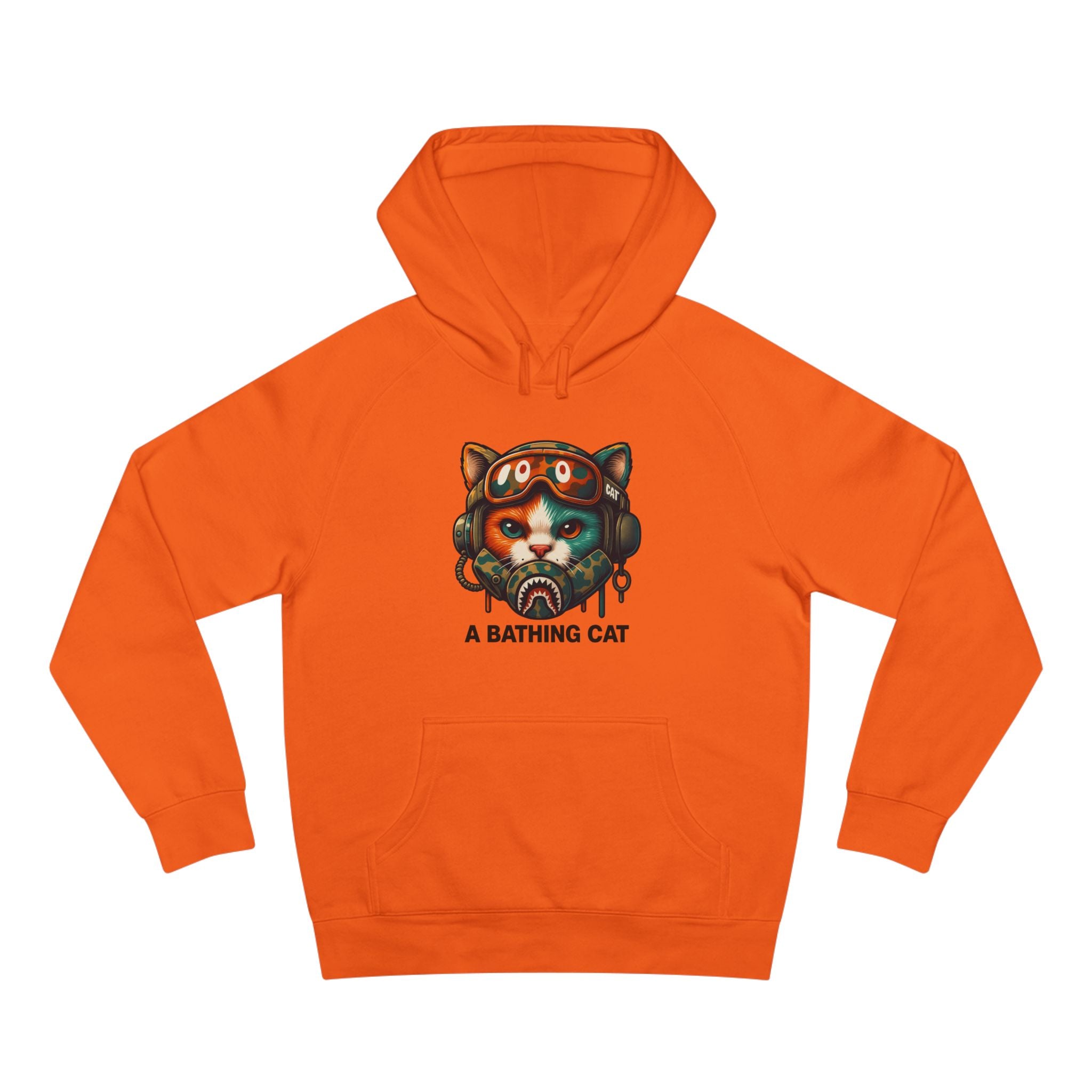 A Bathing Cat Tactical Pilot Graphic Hoodie in orange, front view