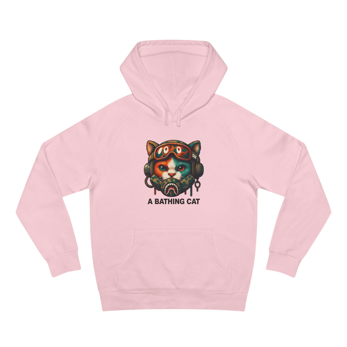 A Bathing Cat Tactical Pilot Graphic Hoodie in pink, front view