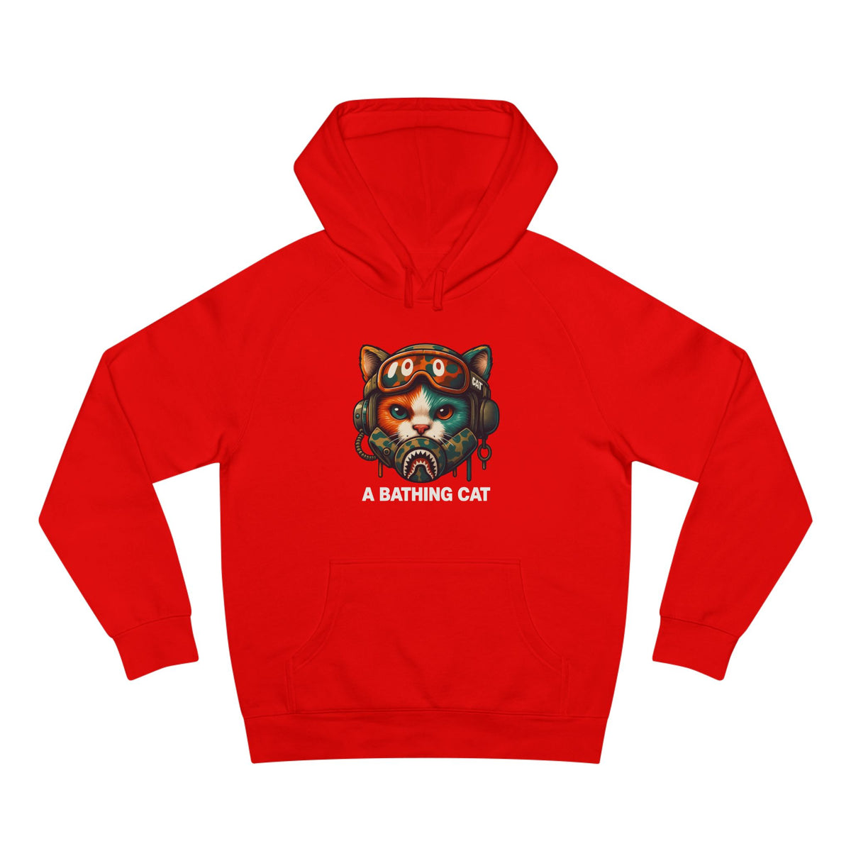 A Bathing Cat Tactical Pilot Graphic Hoodie in red, front view