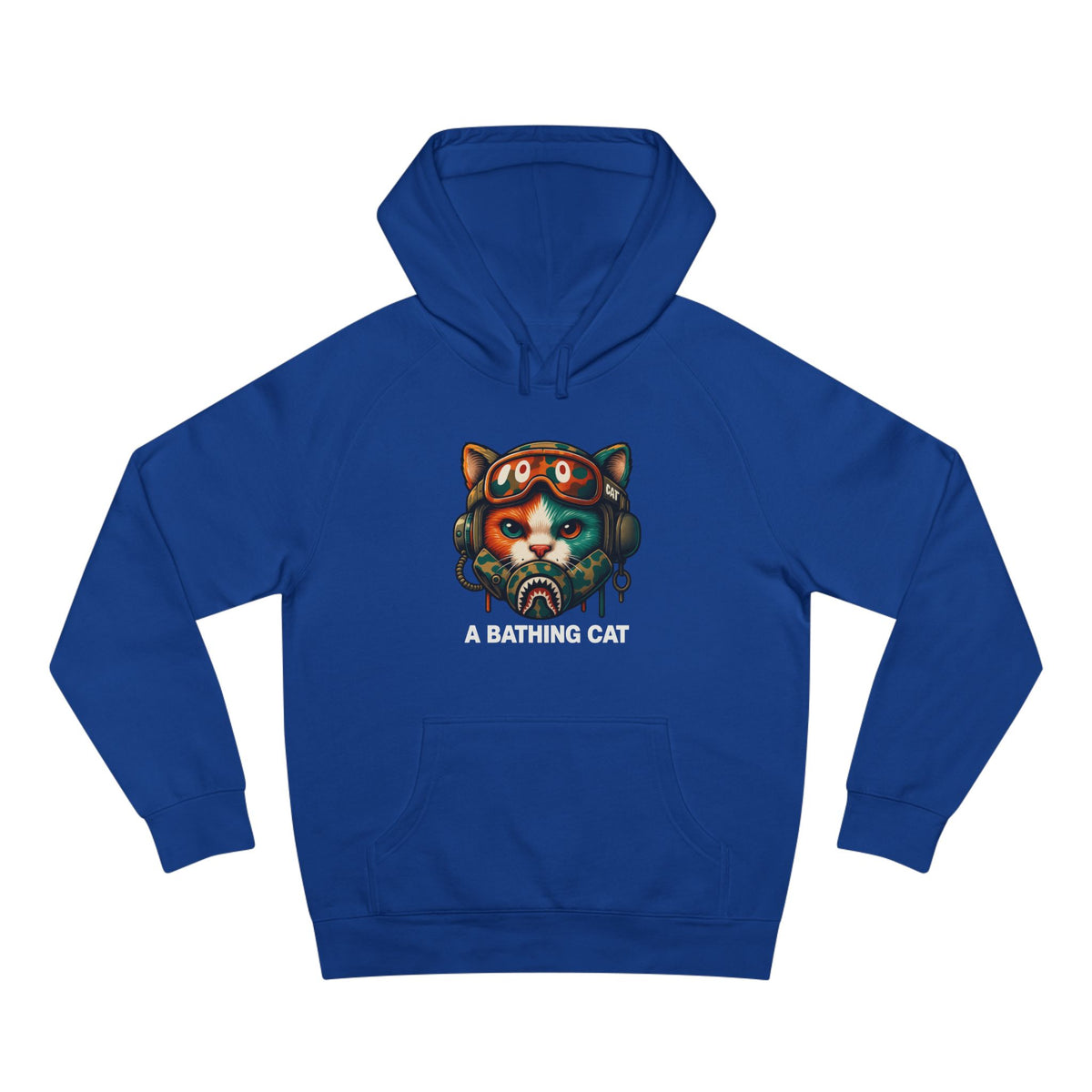 A Bathing Cat Tactical Pilot Graphic Hoodie in royal blue, front view