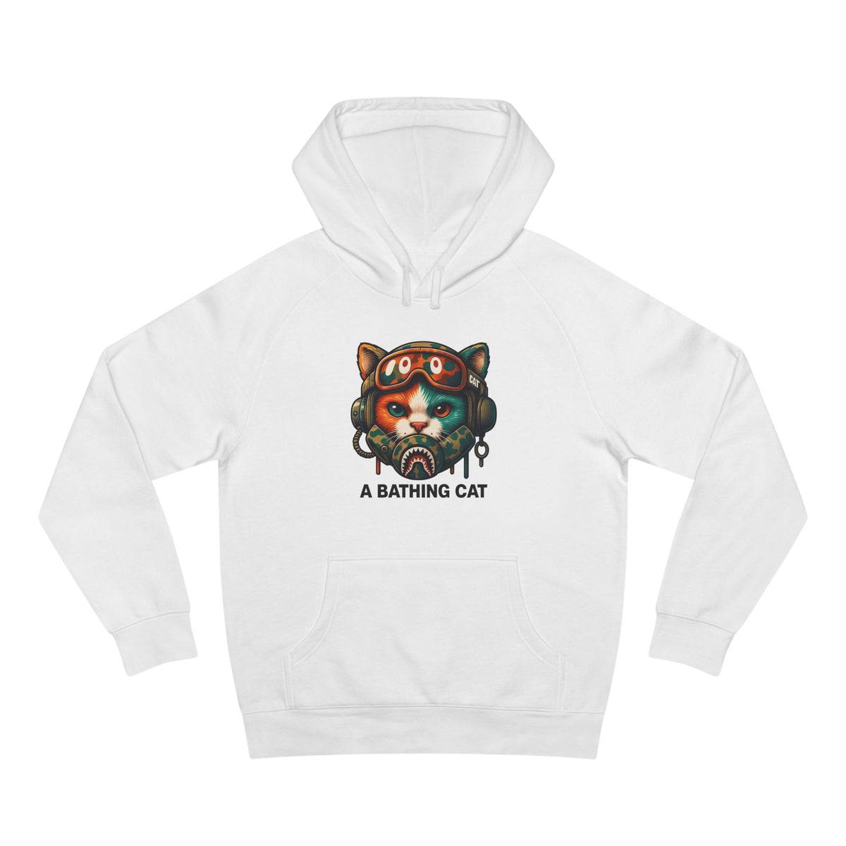 A Bathing Cat Tactical Pilot Graphic Hoodie in white, front view