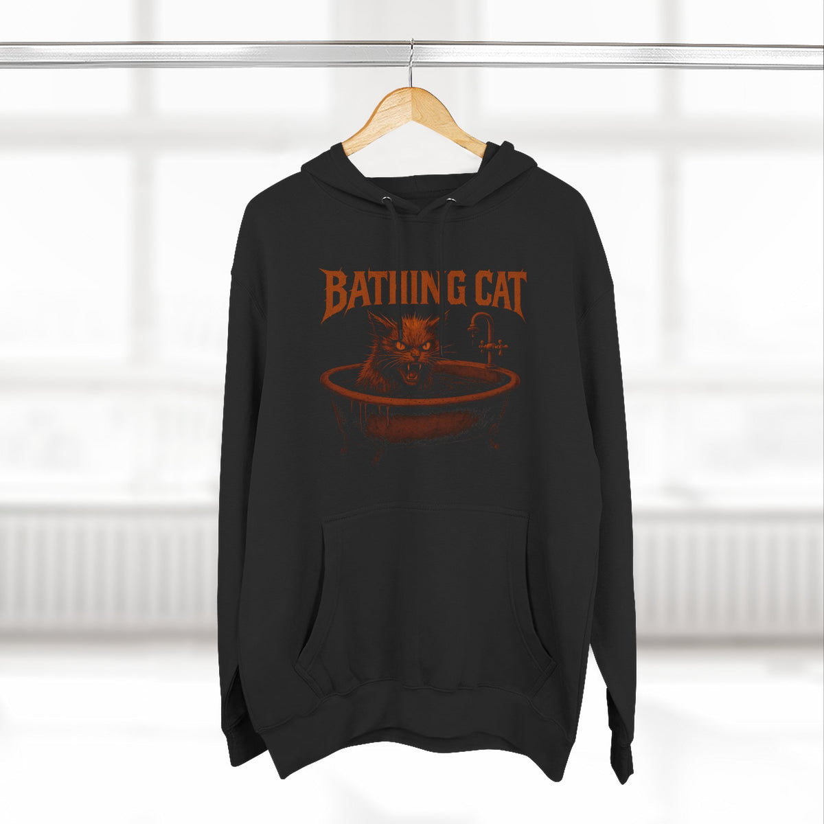 A Bathing Cat Tub Rage Graphic Black Hoodie, on a hanger