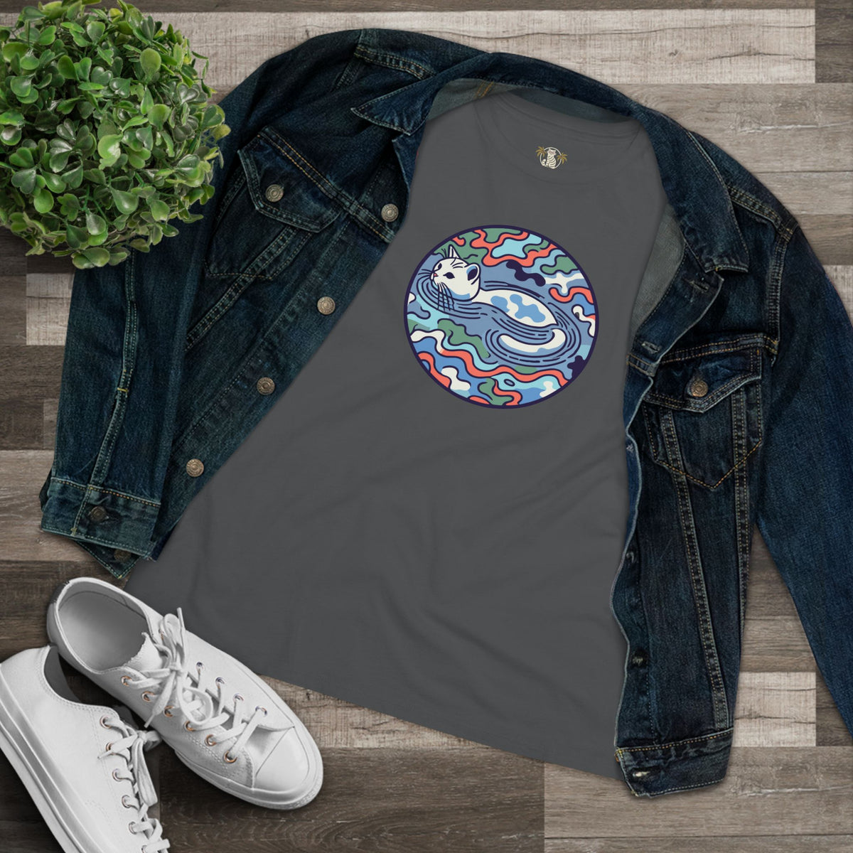 A Bathing Cat Wave Camo Flow Graphic Women's T-Shirt in asphalt, flat lay