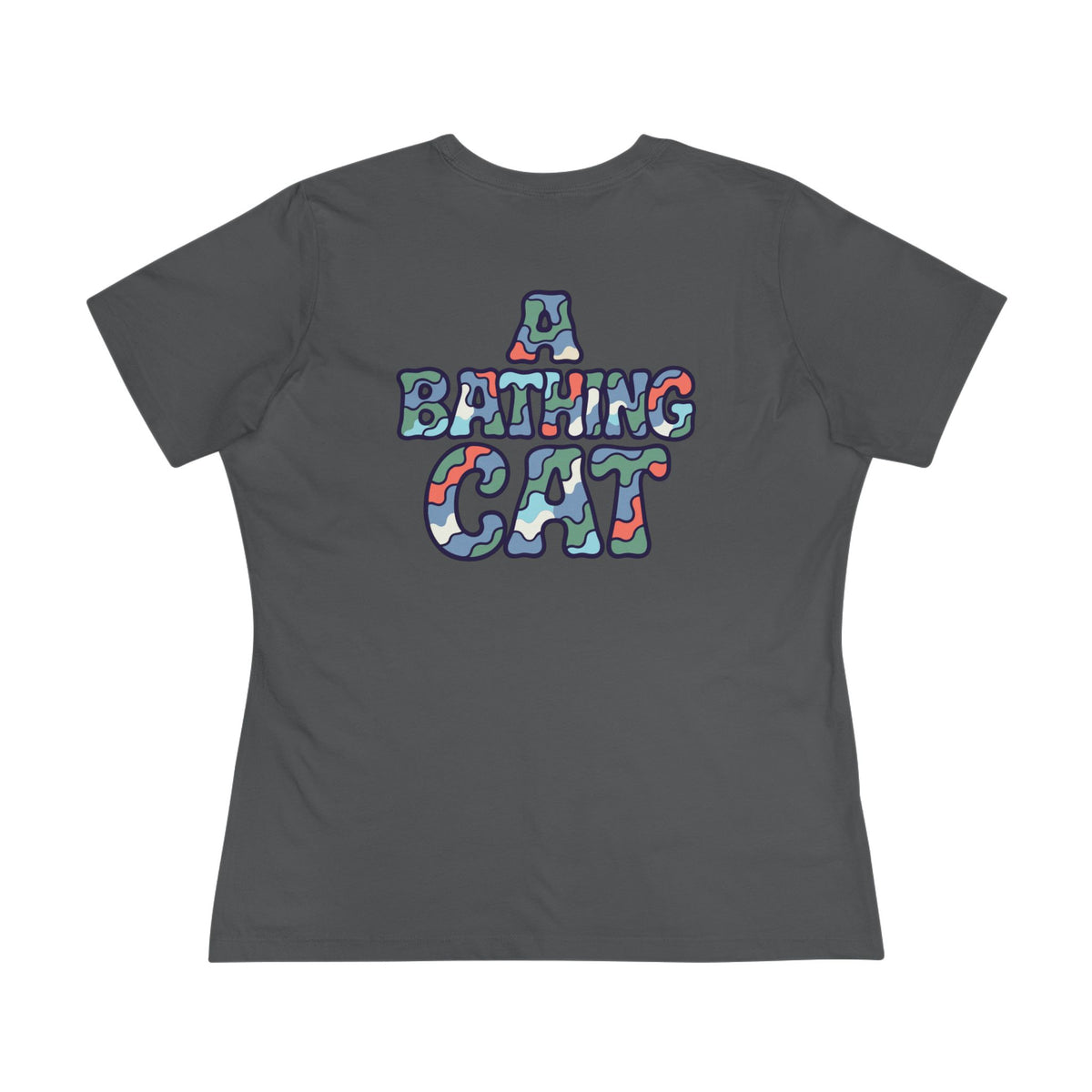 A Bathing Cat Wave Camo Flow Graphic Women's T-Shirt in asphalt, flat lay, back