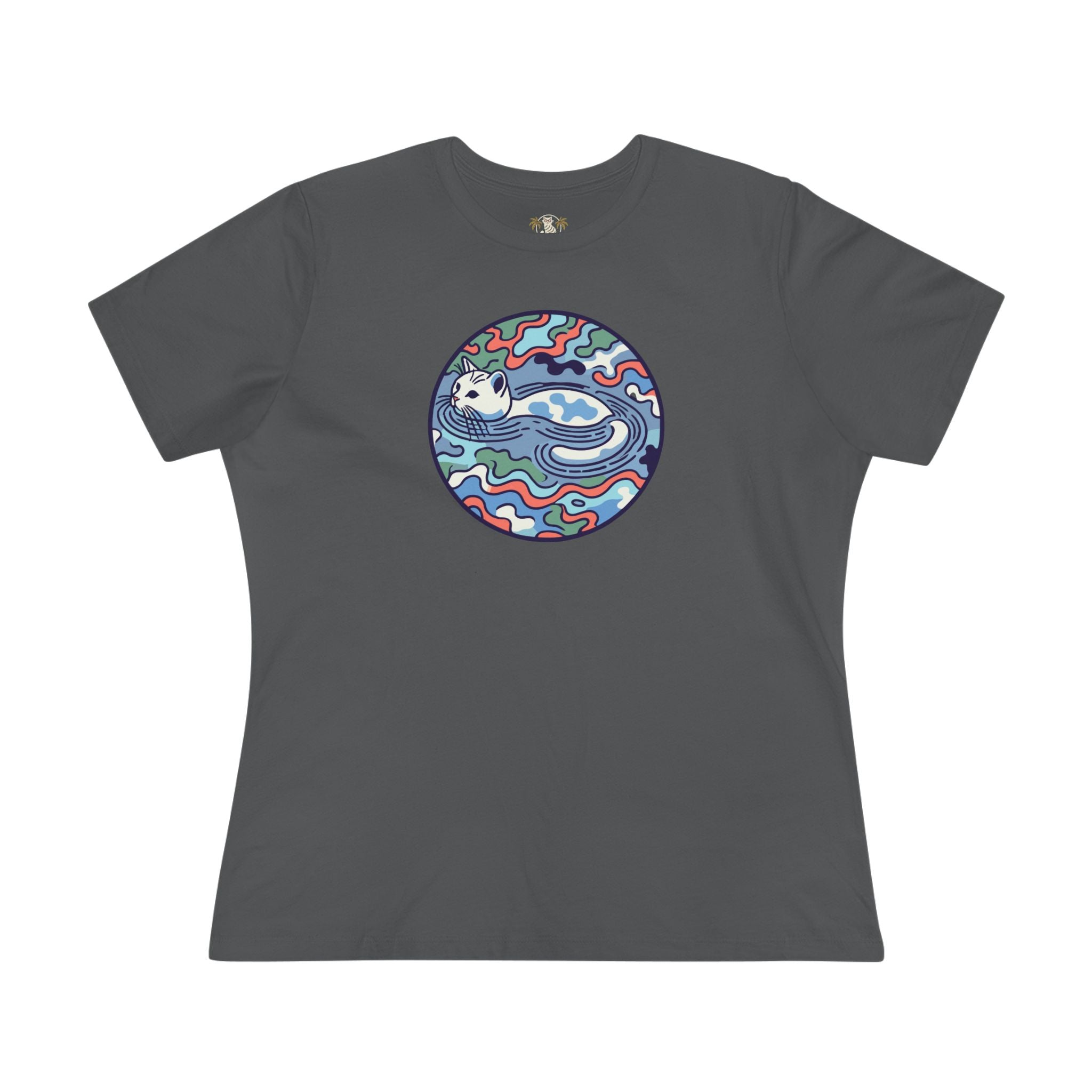 A Bathing Cat Wave Camo Flow Graphic Women's T-Shirt in asphalt, flat lay