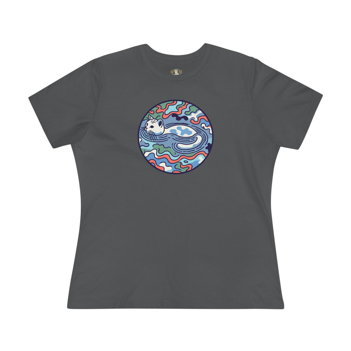 A Bathing Cat Wave Camo Flow Graphic Women's T-Shirt in asphalt, flat lay