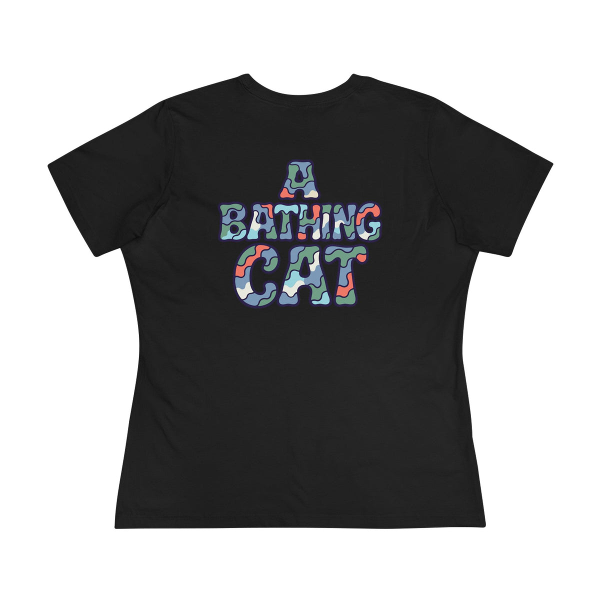 A Bathing Cat Wave Camo Flow Graphic Women's T-Shirt in black, flat lay, back