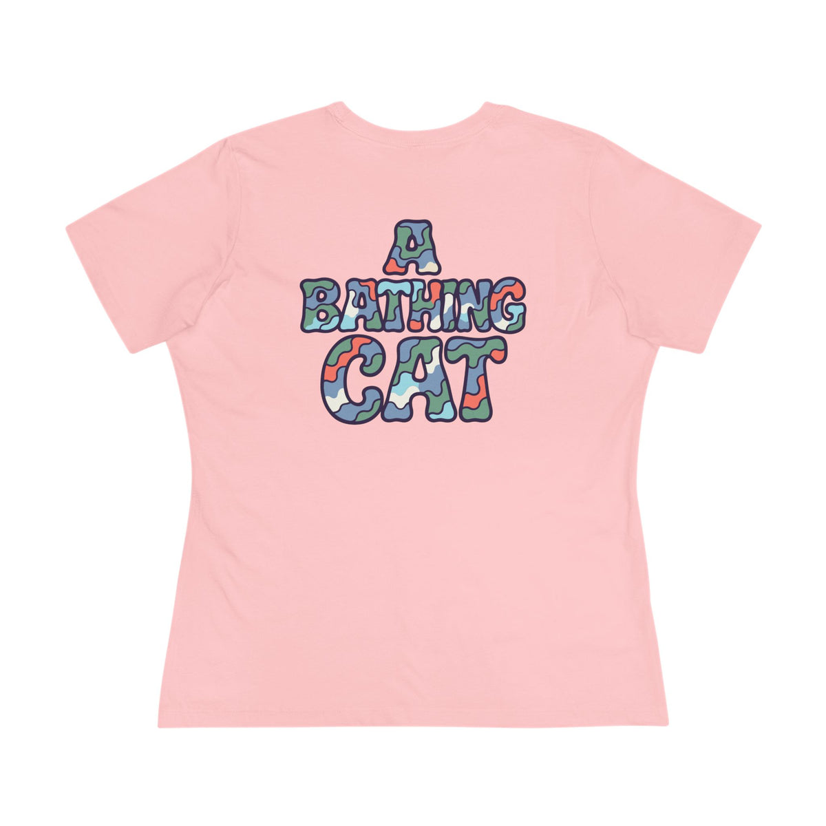 A Bathing Cat Wave Camo Flow Graphic Women's T-Shirt in pink, flat lay, back