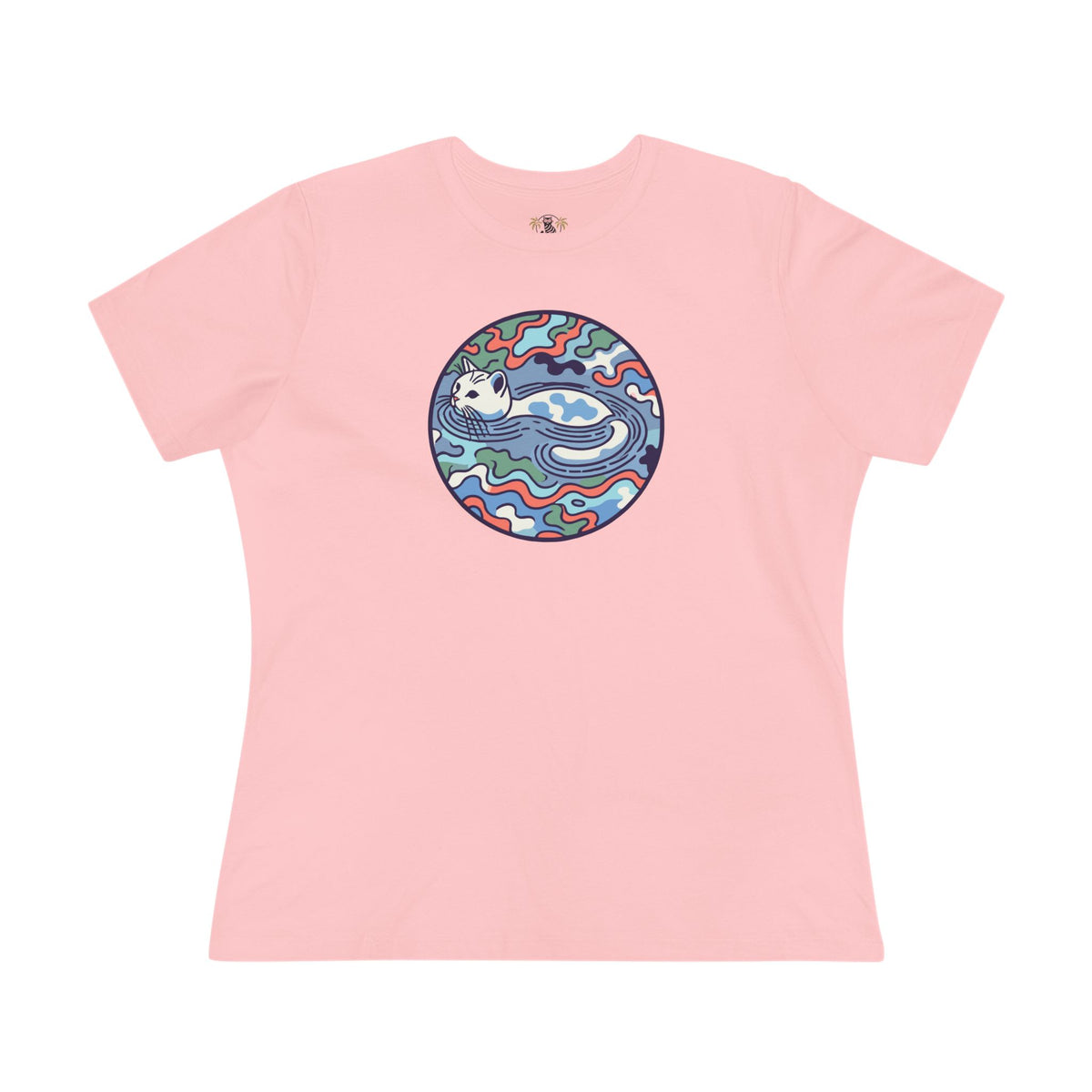 A Bathing Cat Wave Camo Flow Graphic Women's T-Shirt in pink, flat lay