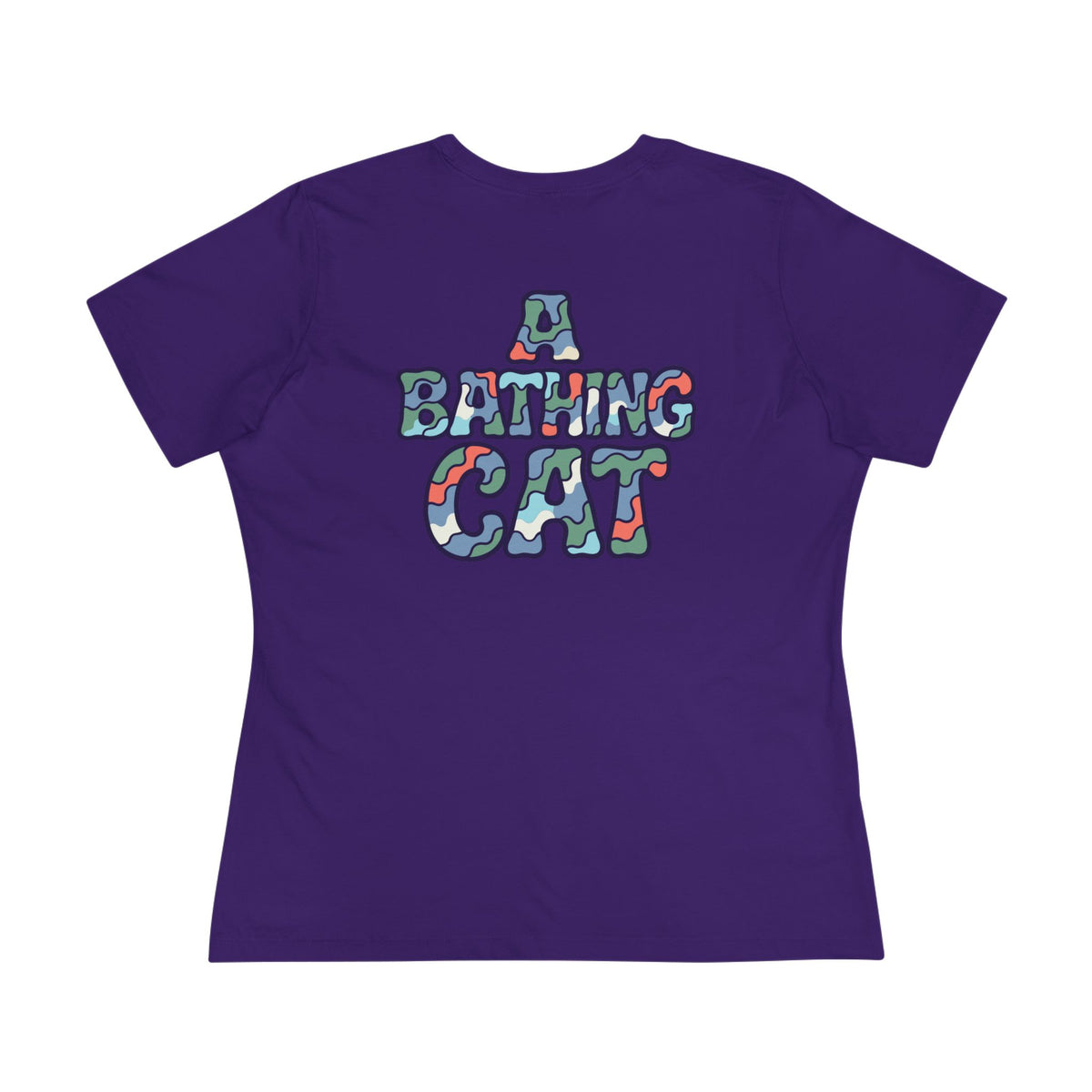 A Bathing Cat Wave Camo Flow Graphic Women's T-Shirt in team purple, flat lay, back