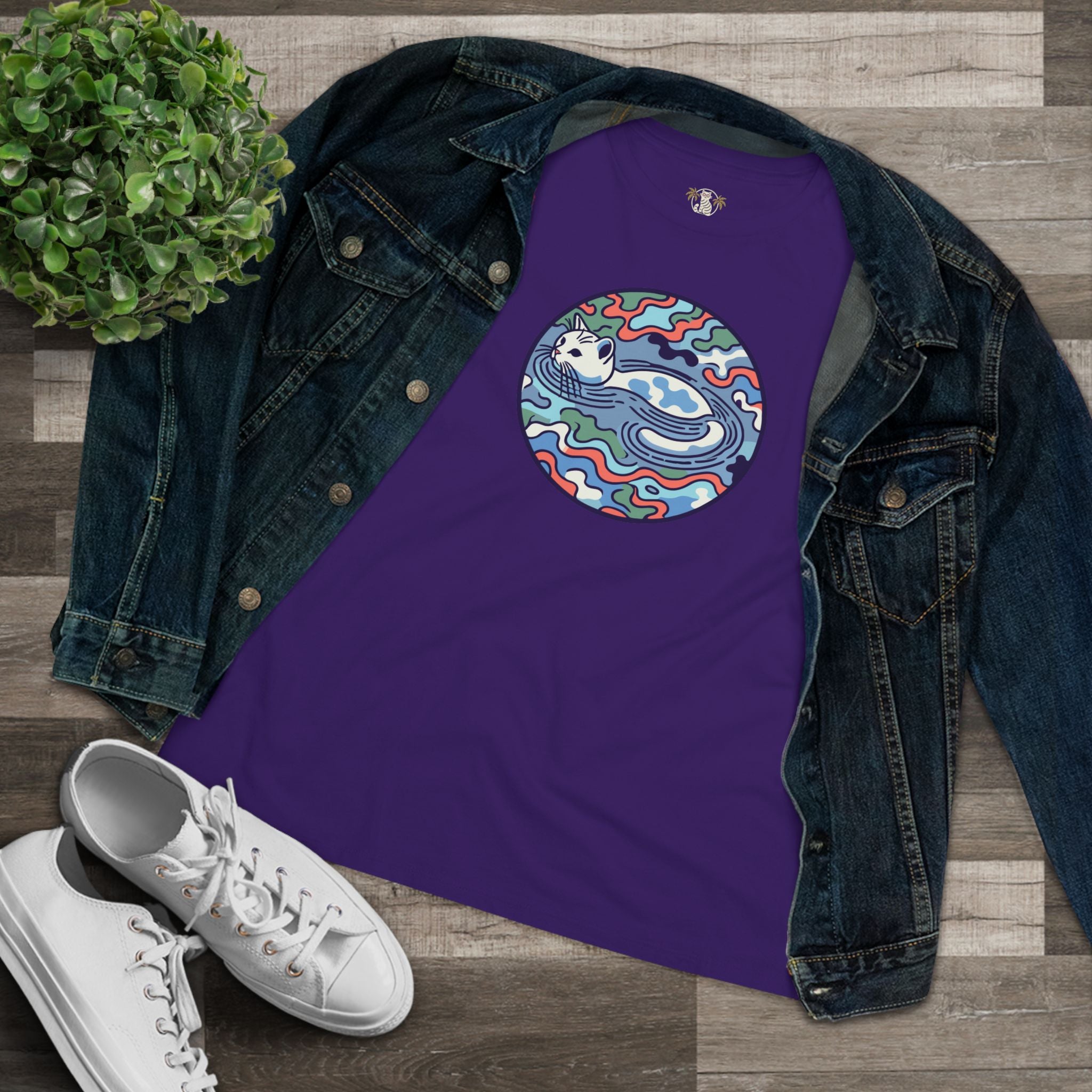 A Bathing Cat Wave Camo Flow Graphic Women's T-Shirt in team purple, flat lay
