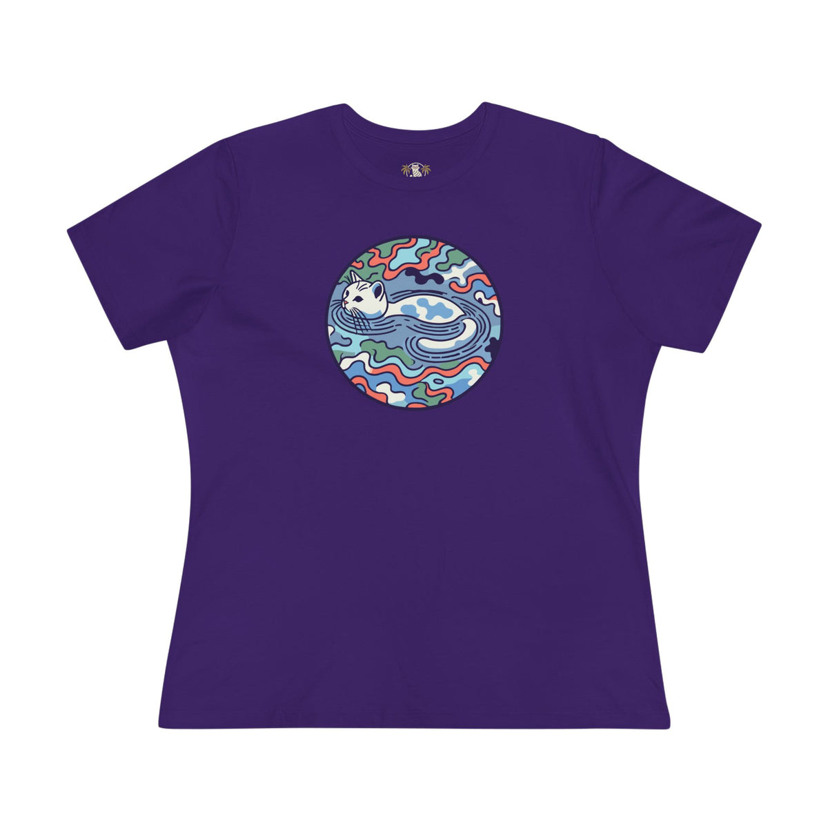 A Bathing Cat Wave Camo Flow Graphic Women's T-Shirt in team purple, front view