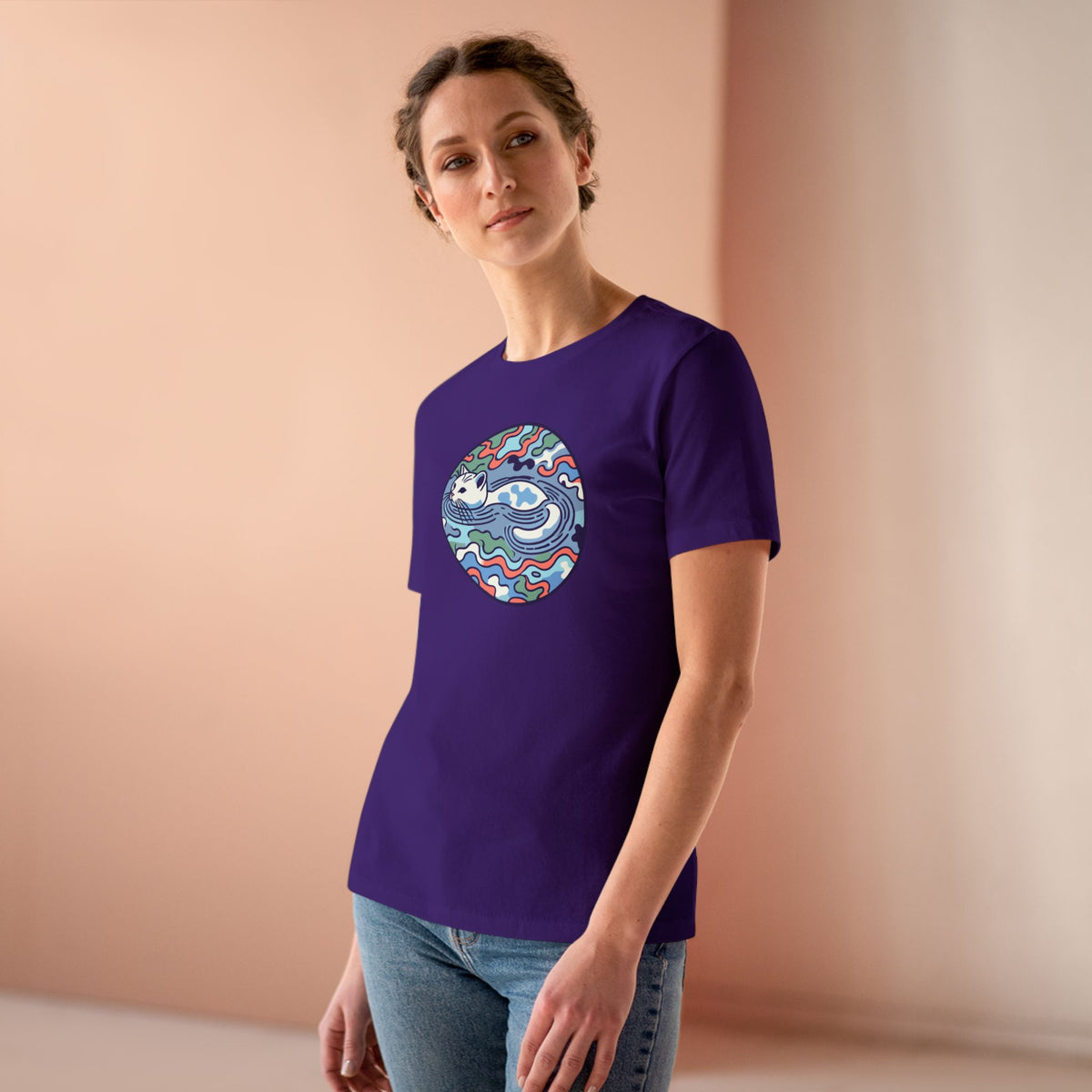 A Bathing Cat Wave Camo Flow Graphic Women's T-Shirt in team purple, worn by a model