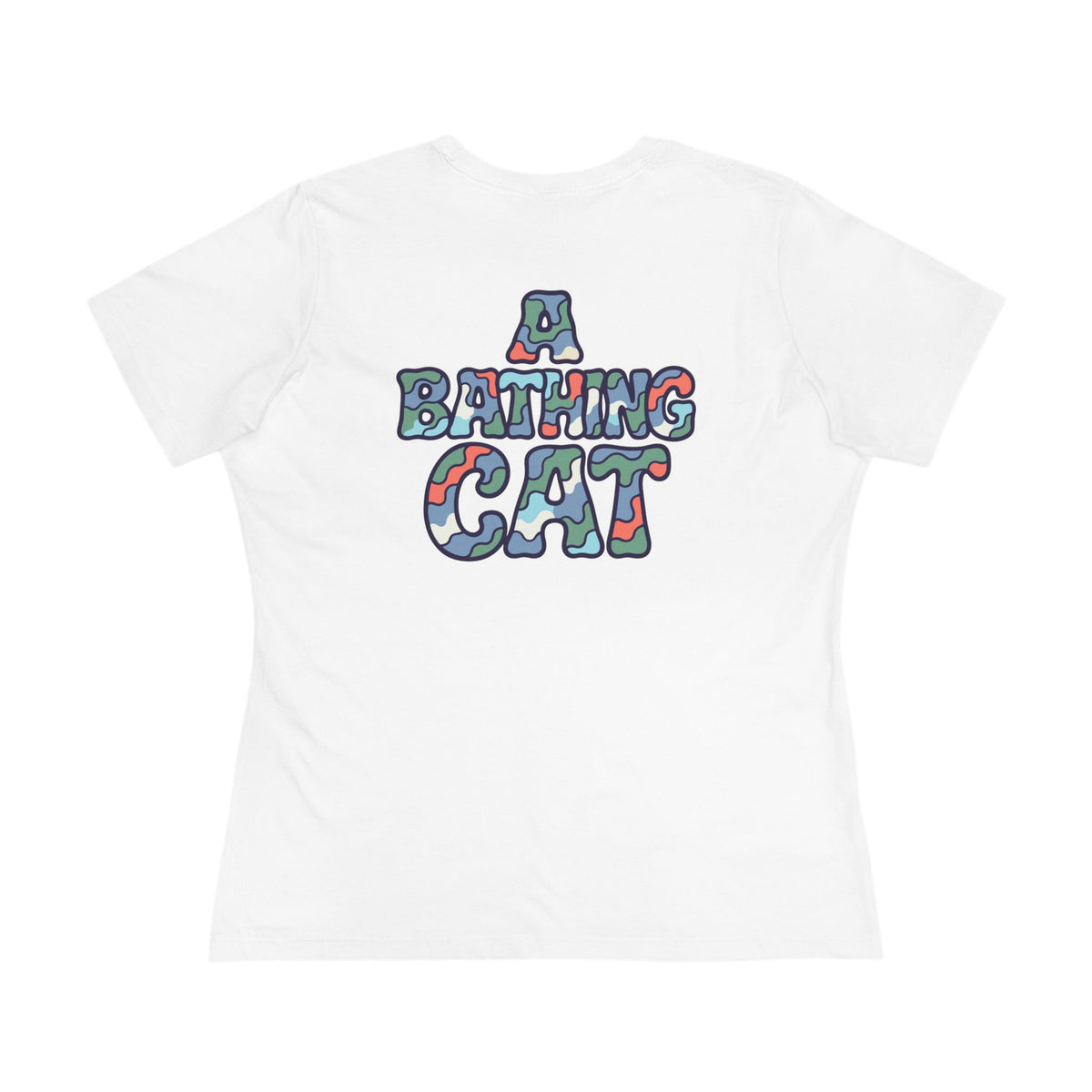 A Bathing Cat Wave Camo Flow Graphic Women's T-Shirt in white, back view