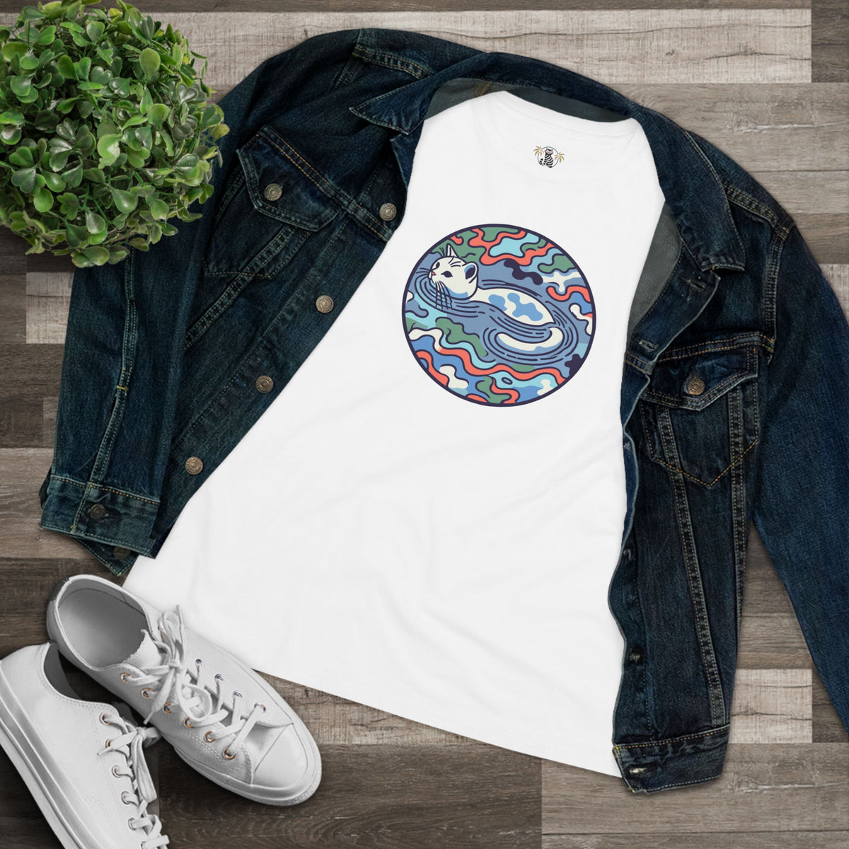 A Bathing Cat Wave Camo Flow Graphic Women's T-Shirt in white, flat lay