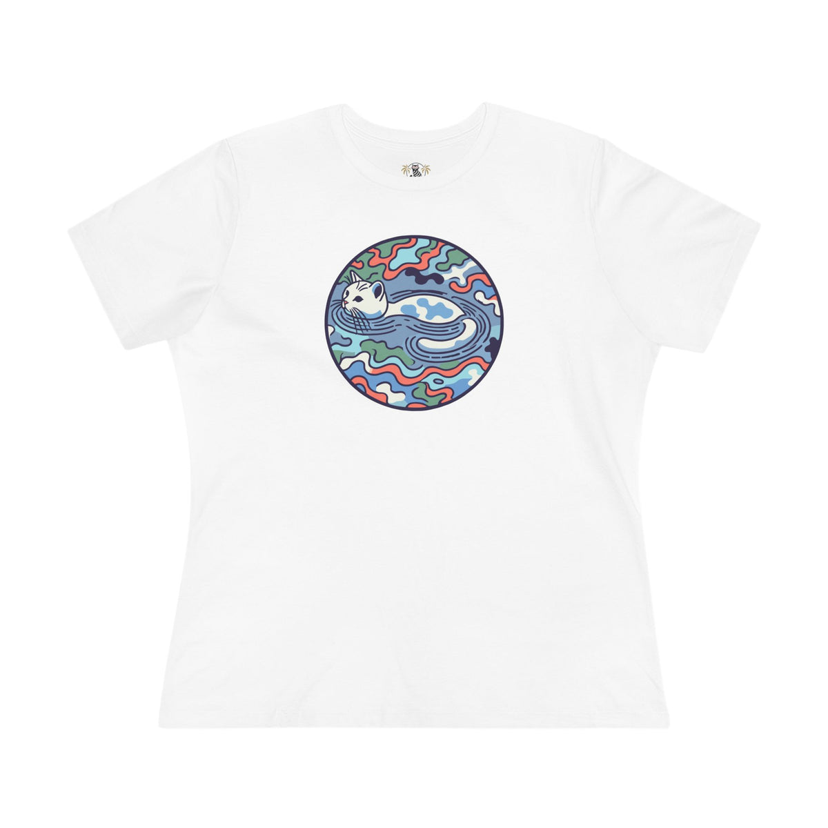 A Bathing Cat Wave Camo Flow Graphic Women's T-Shirt in white, flat lay