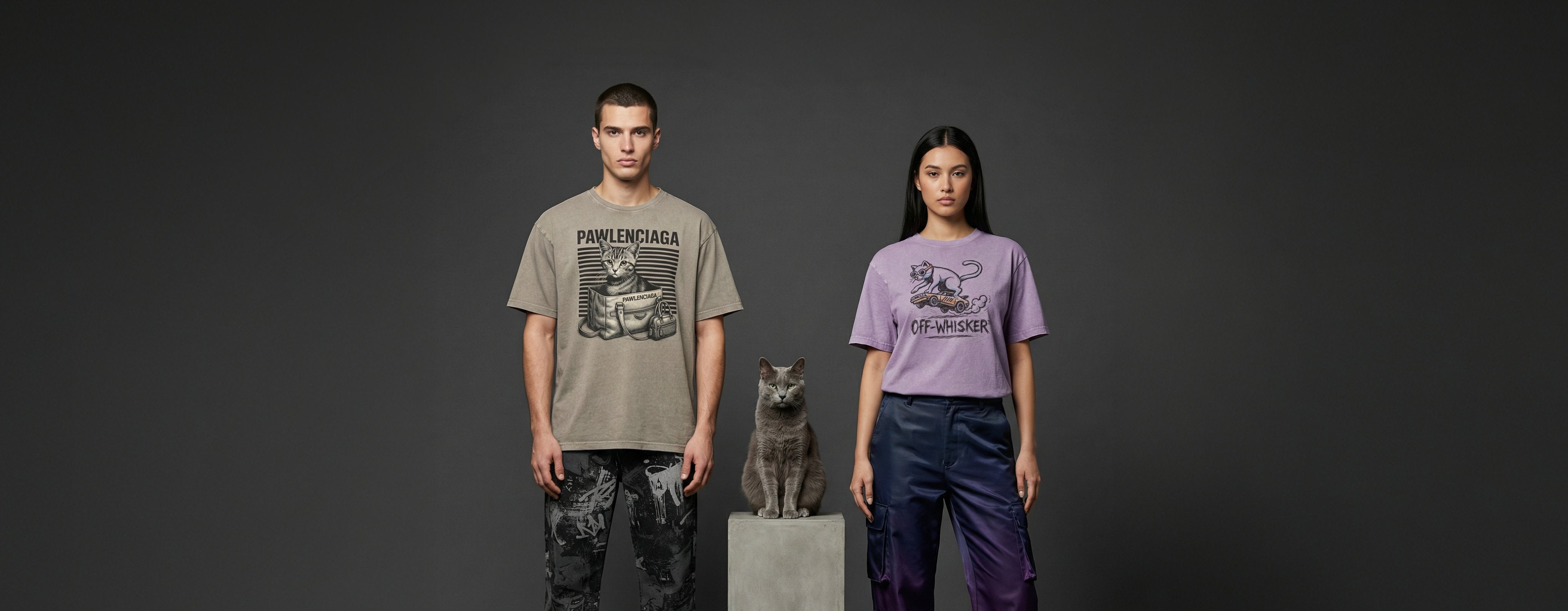 man and woman wearing acid and mineral washed cat t shirts with Pawlenciaga and Off-Whisker graphic prints beside a grey cat, desktop banner image