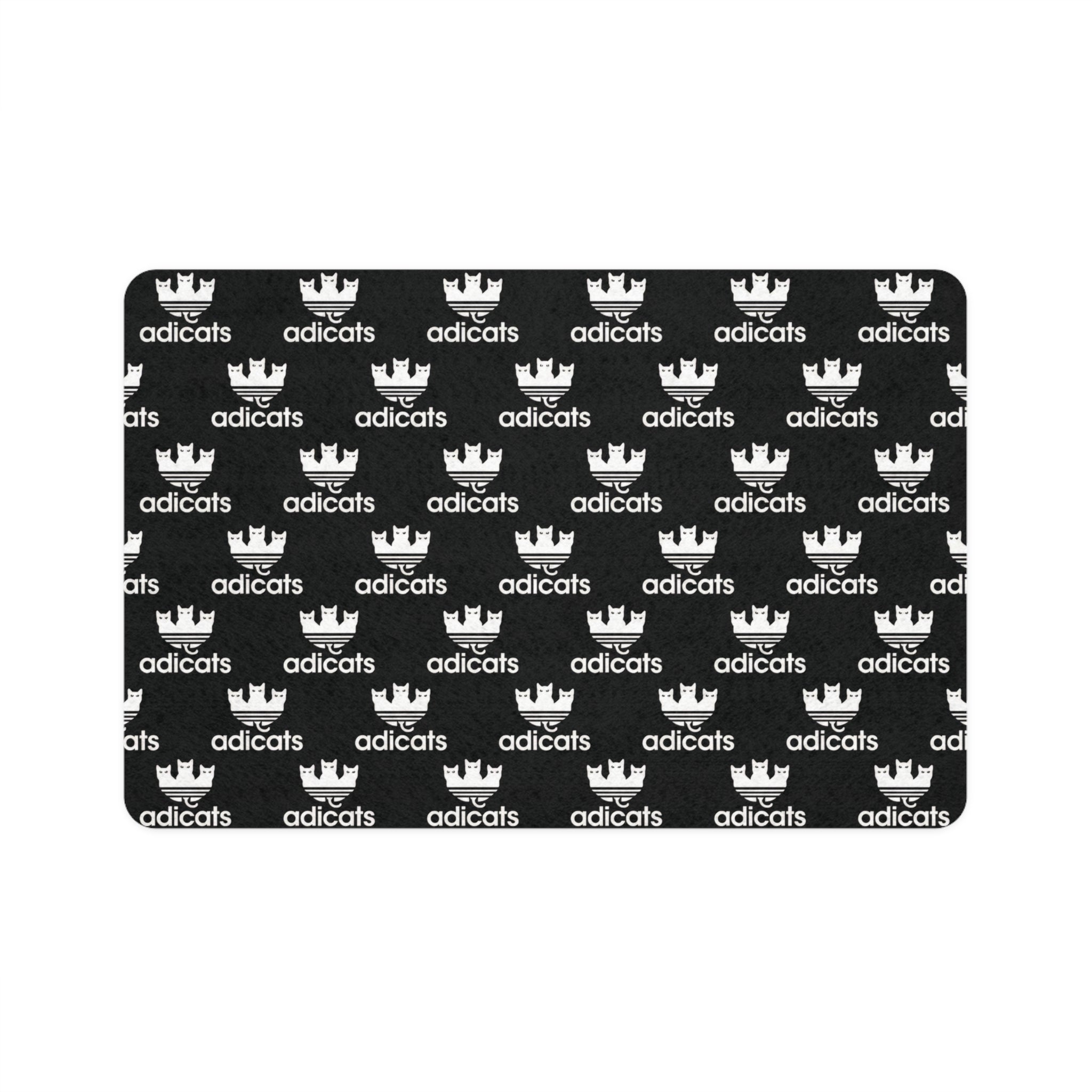 Adicats repeat logo pet feeding mat in black with all over white logo pattern by Mad Cat Cartel