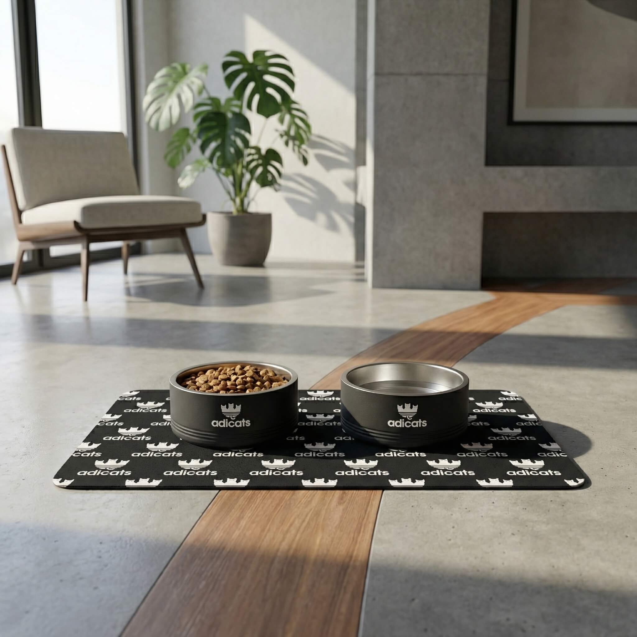 Adicats Logo Stainless Steel Cat Bowl in black, on the Adicats Repeat Logo Cat Feeding Mat