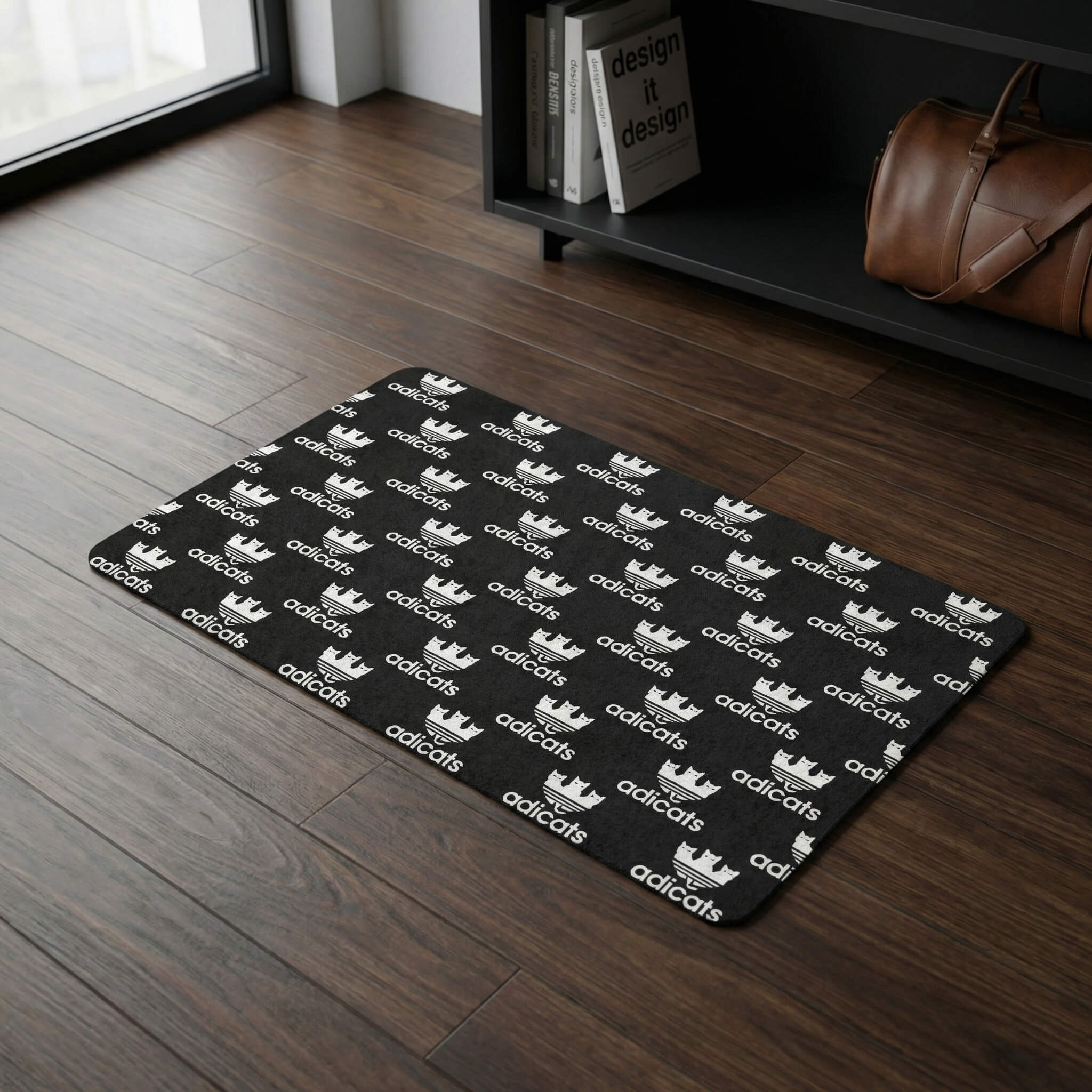 Black cat food mat with Adicats repeat print in a modern interior