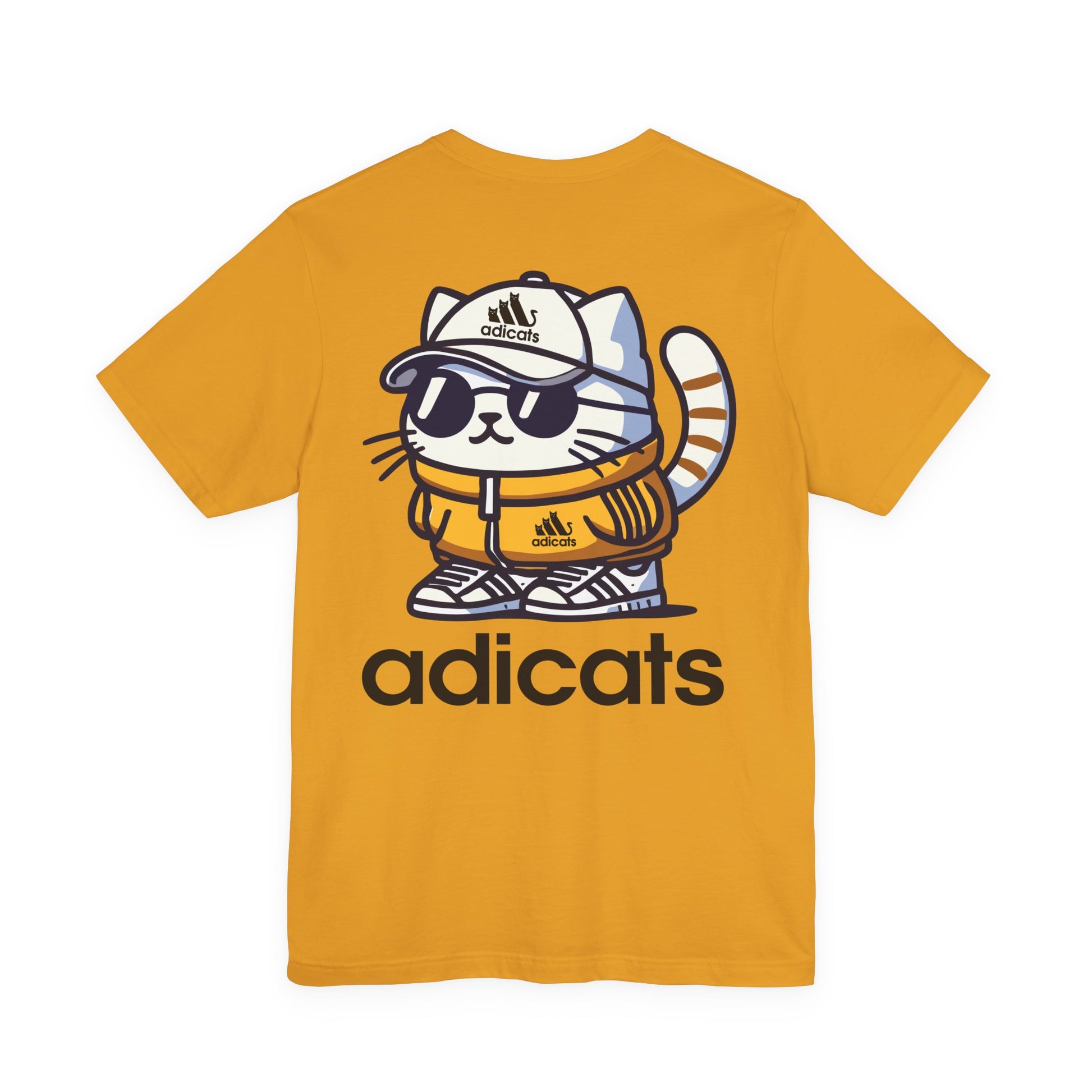 backview of Adicats cat in tracksuit graphic, funny cotton t shirt for cat lovers