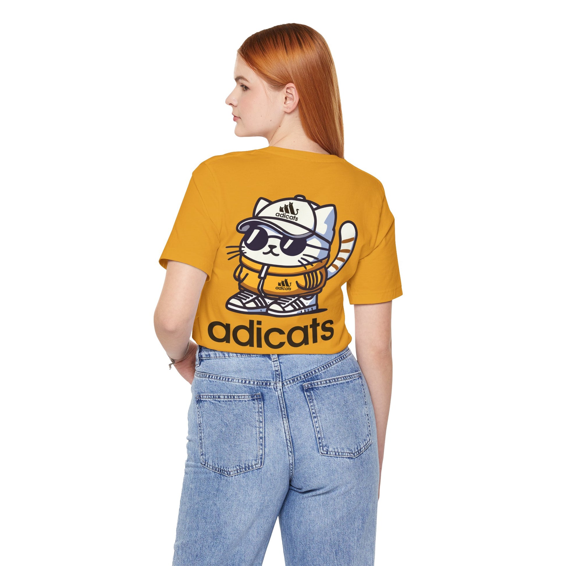 female model wearing mustard yellow Adicats t shirt, casual funny shirt for women