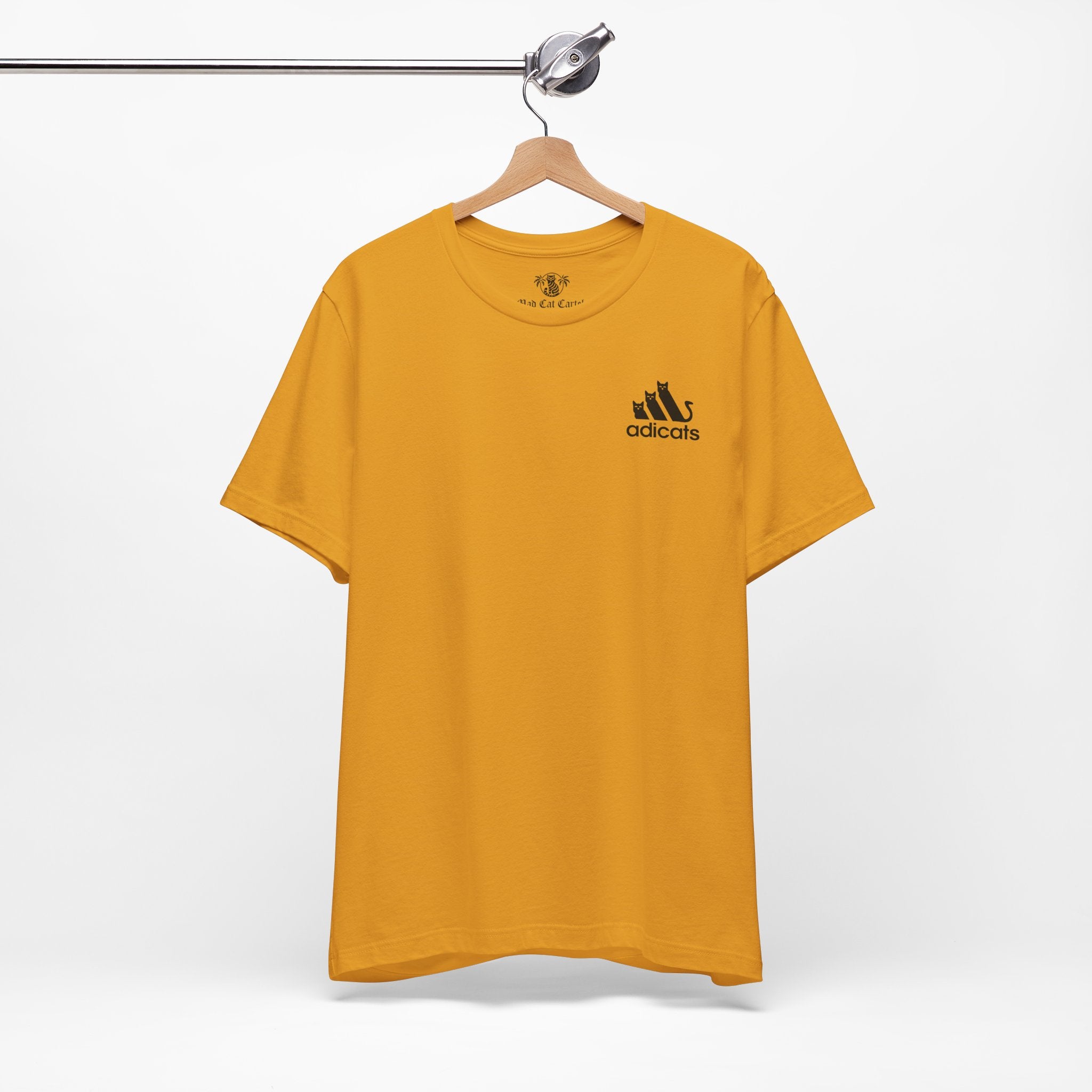 mustard yellow Adicats t shirt on hanger, casual cotton tee for cat lovers