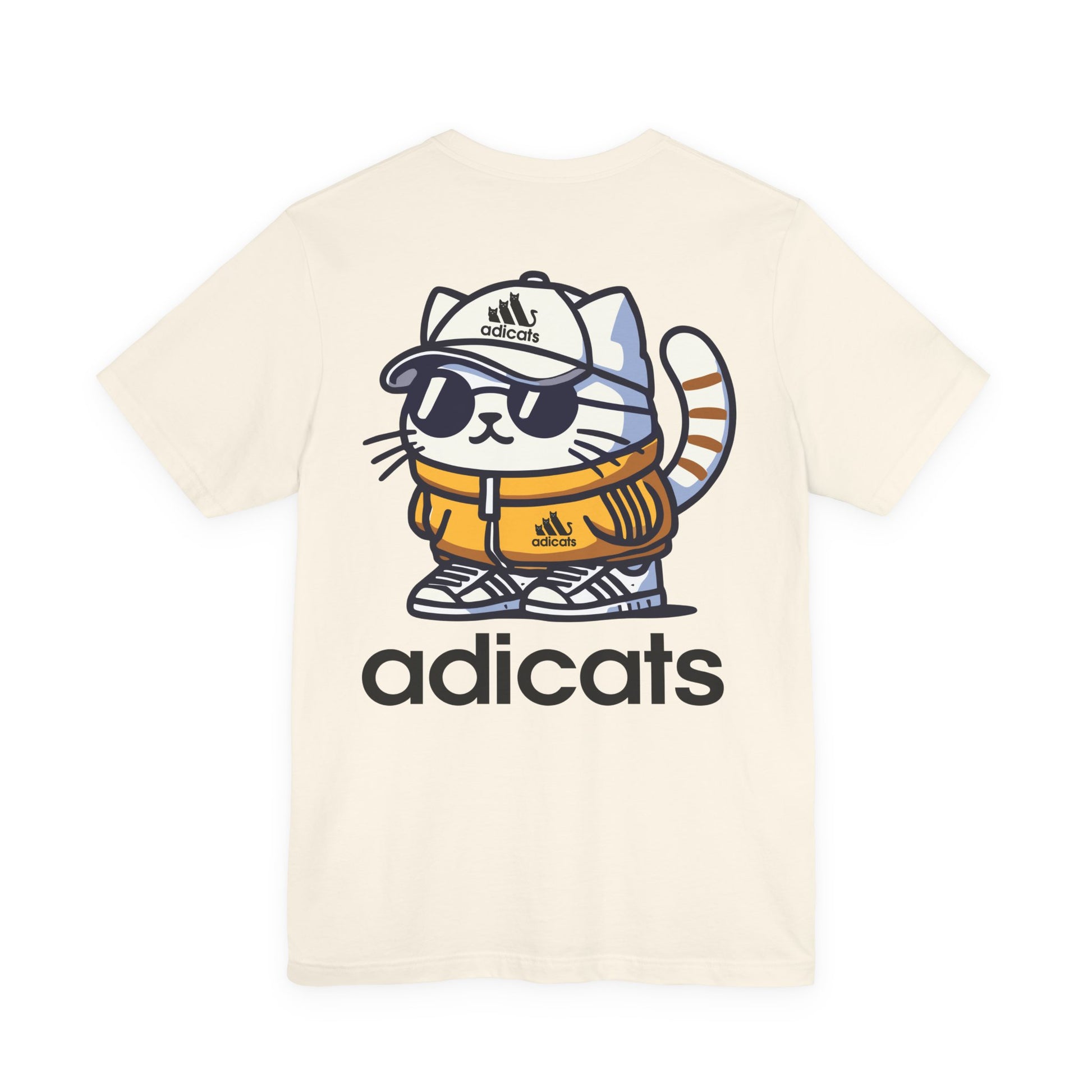 back view of natural color Adicats tee with full cat print, cotton cat themed shirt
