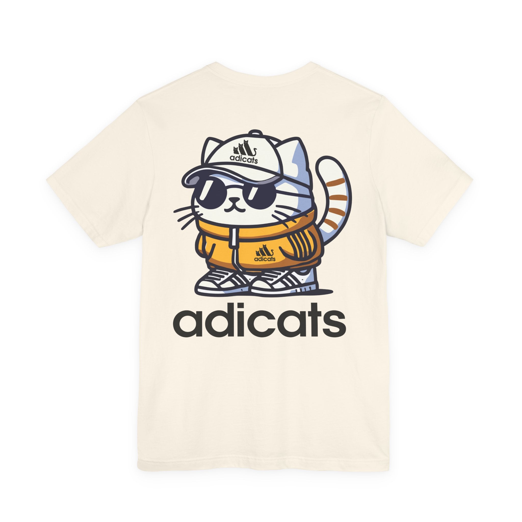 back view of natural color Adicats tee with full cat print, cotton cat themed shirt