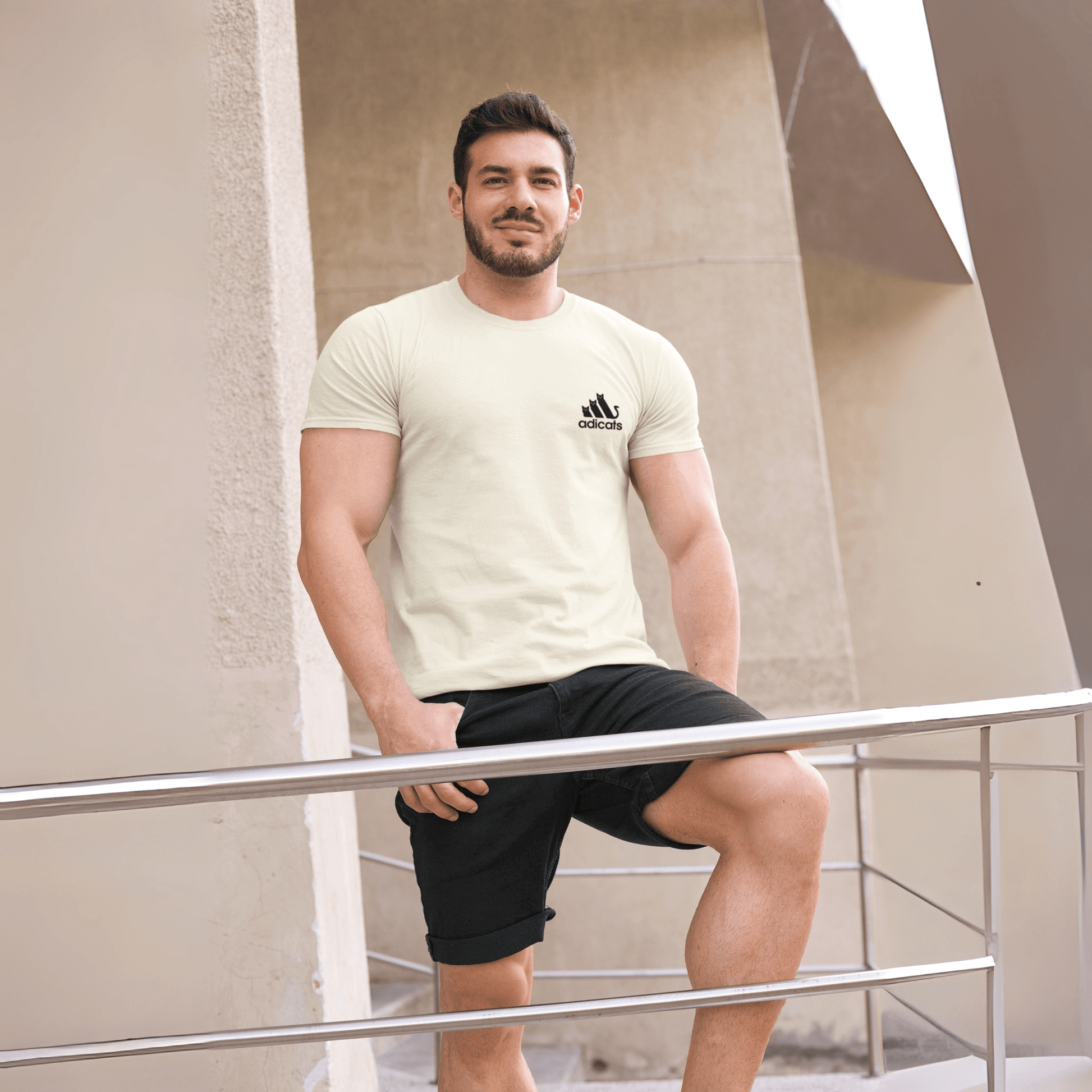 male model in natural Adicats t shirt, funny cotton tee for cat lovers