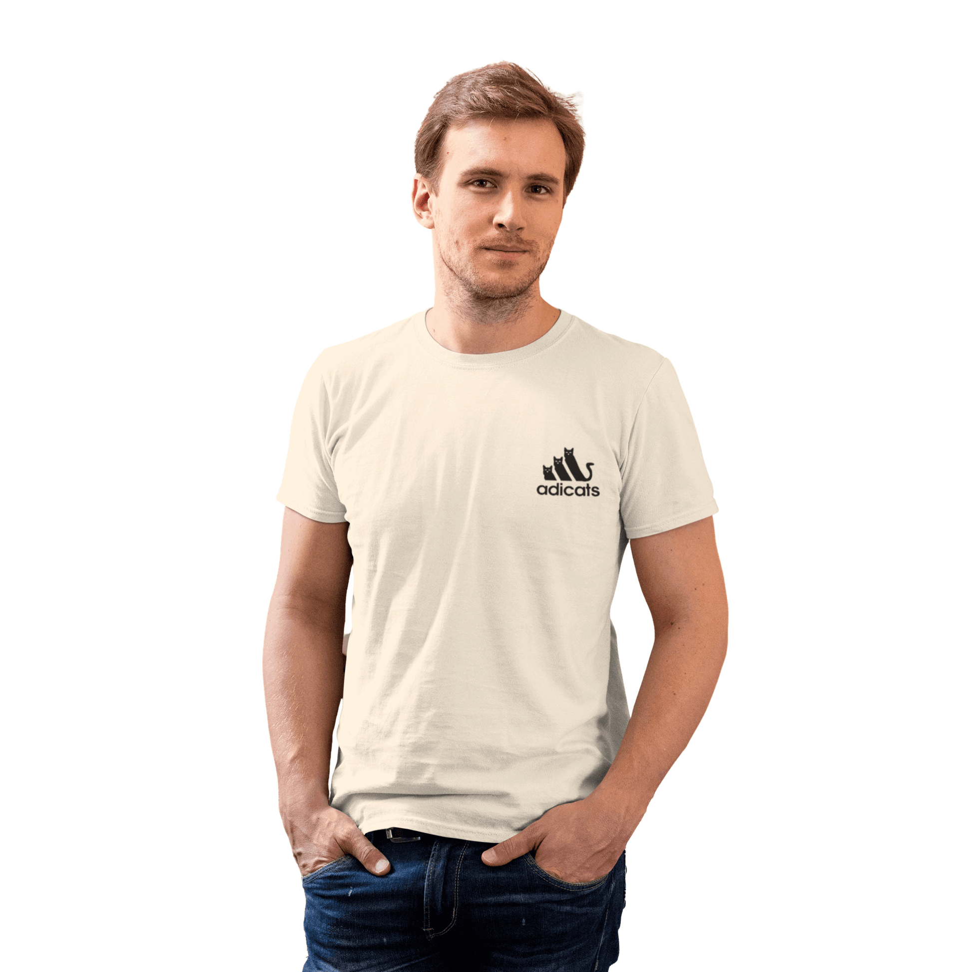 man posing in natural Adicats tee, casual outfit for cat lovers