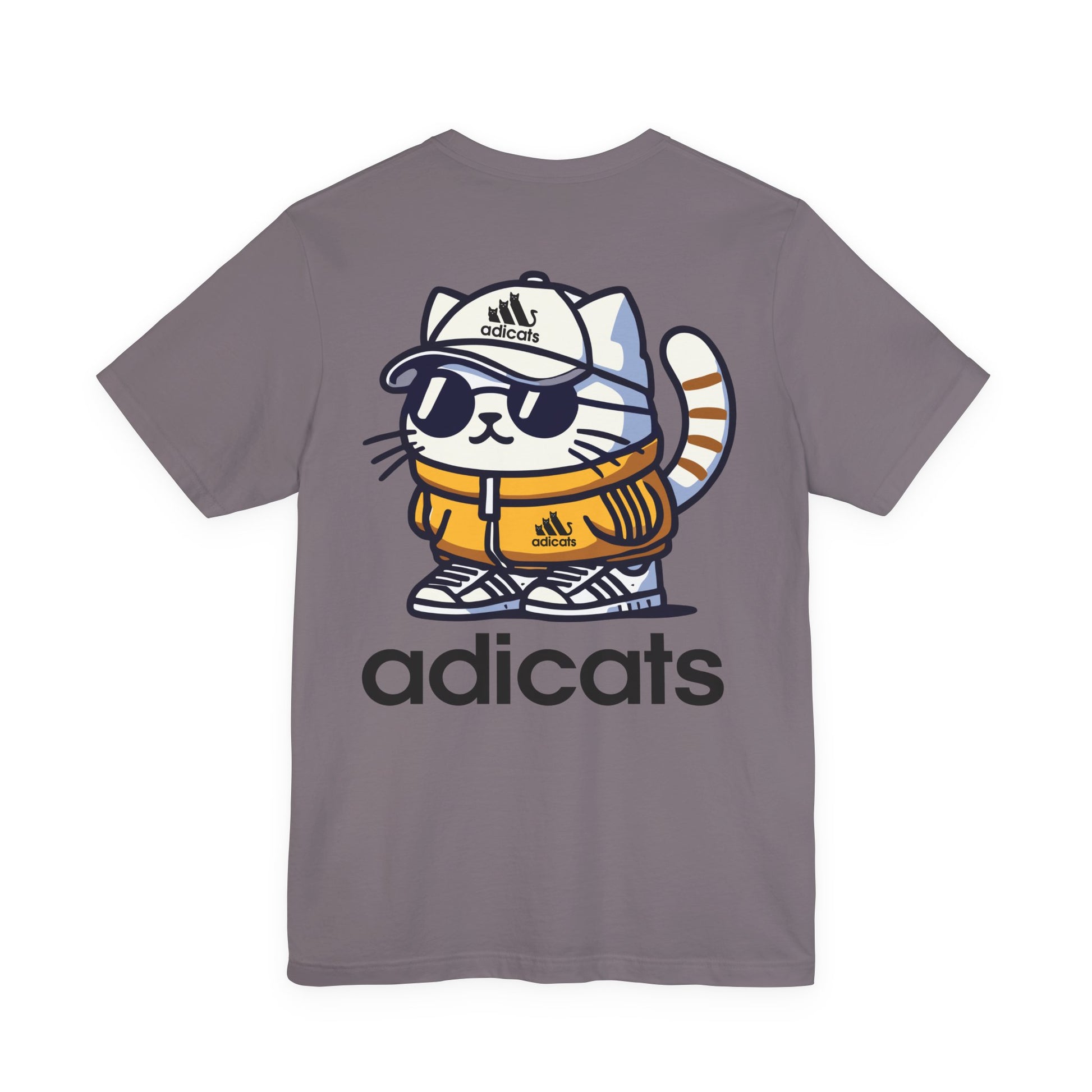 back view of Adicats cat in gray tee, casual cotton shirt for cat lovers