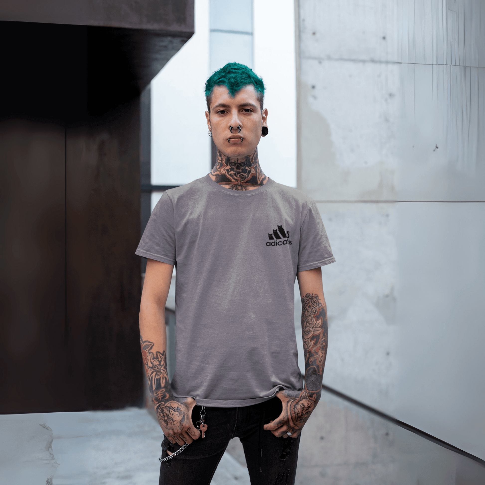 male model standing in storm gray Adicats shirt, streetwear funny tee