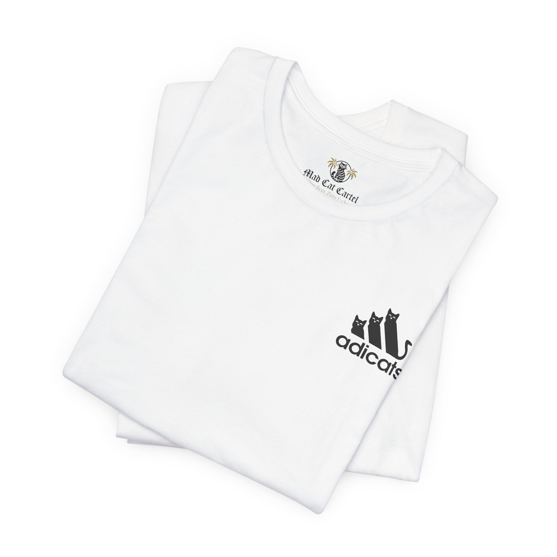 folded white Adicats shirts, unique cat themed gift idea