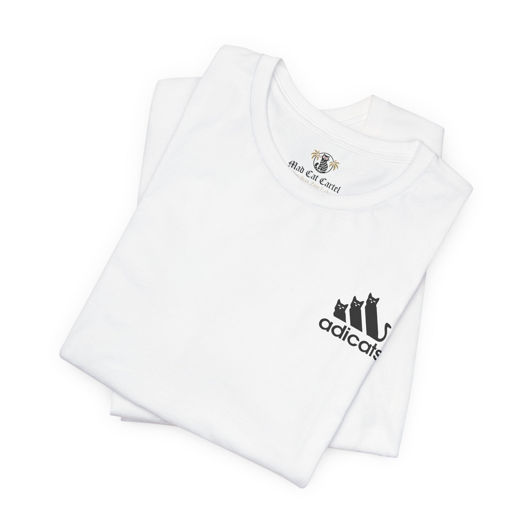 folded white Adicats shirts, unique cat themed gift idea