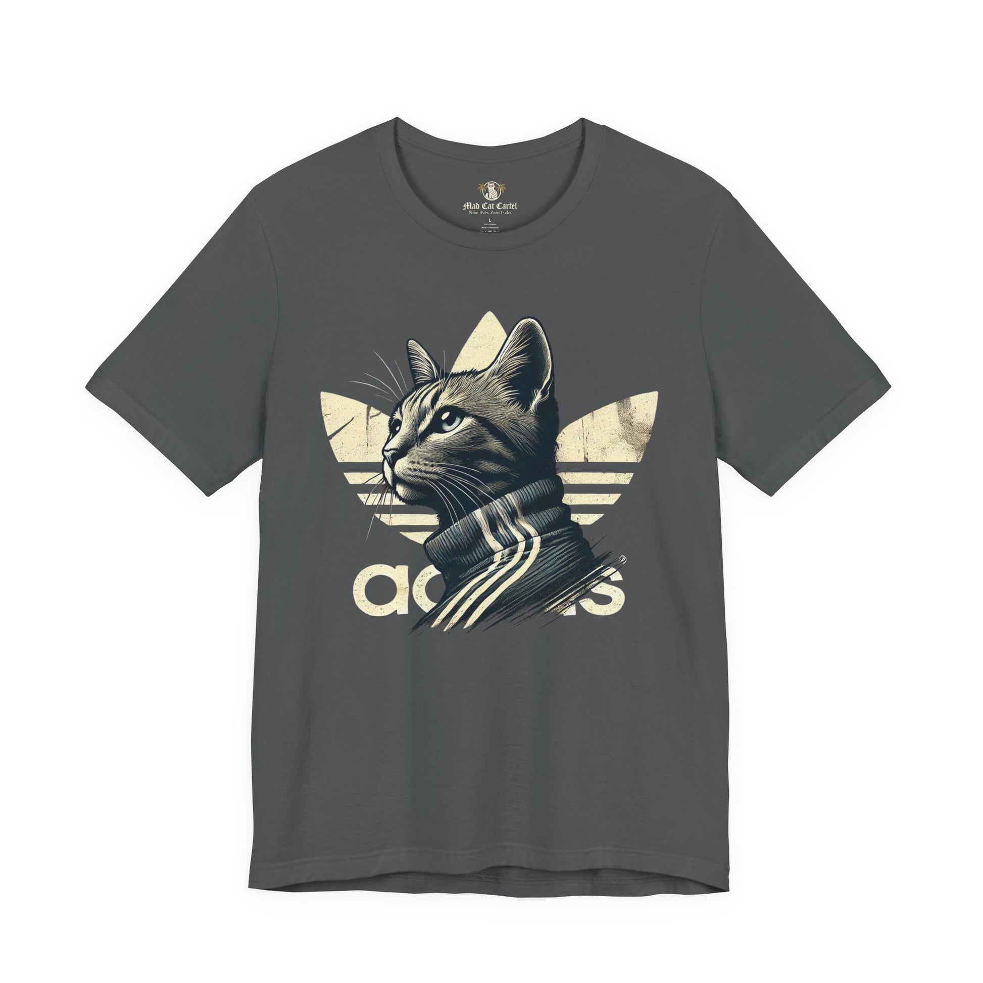 Adicats Originals retro graphic t shirt for cat lovers, asphalt gray front view, t shirt for men and women