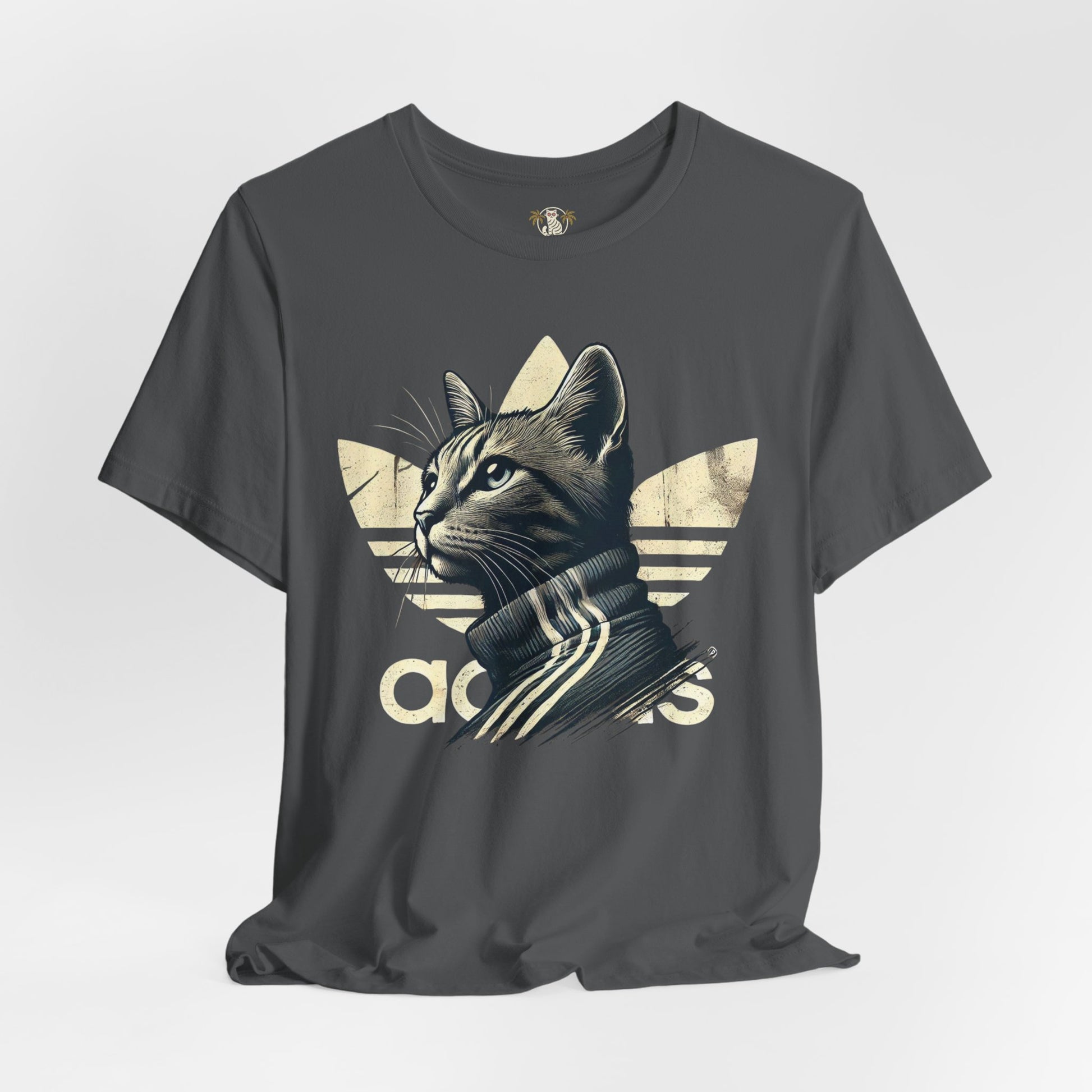 Adicats Originals retro graphic t shirt for cat lovers, black color front view, parody t shirt for cat lovers