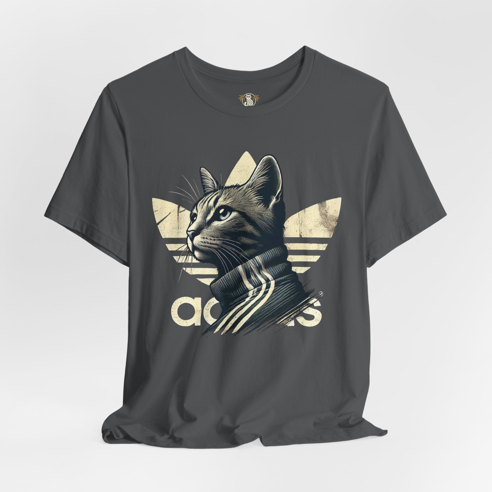 Adicats Originals retro graphic t shirt for cat lovers, black color front view, parody t shirt for cat lovers